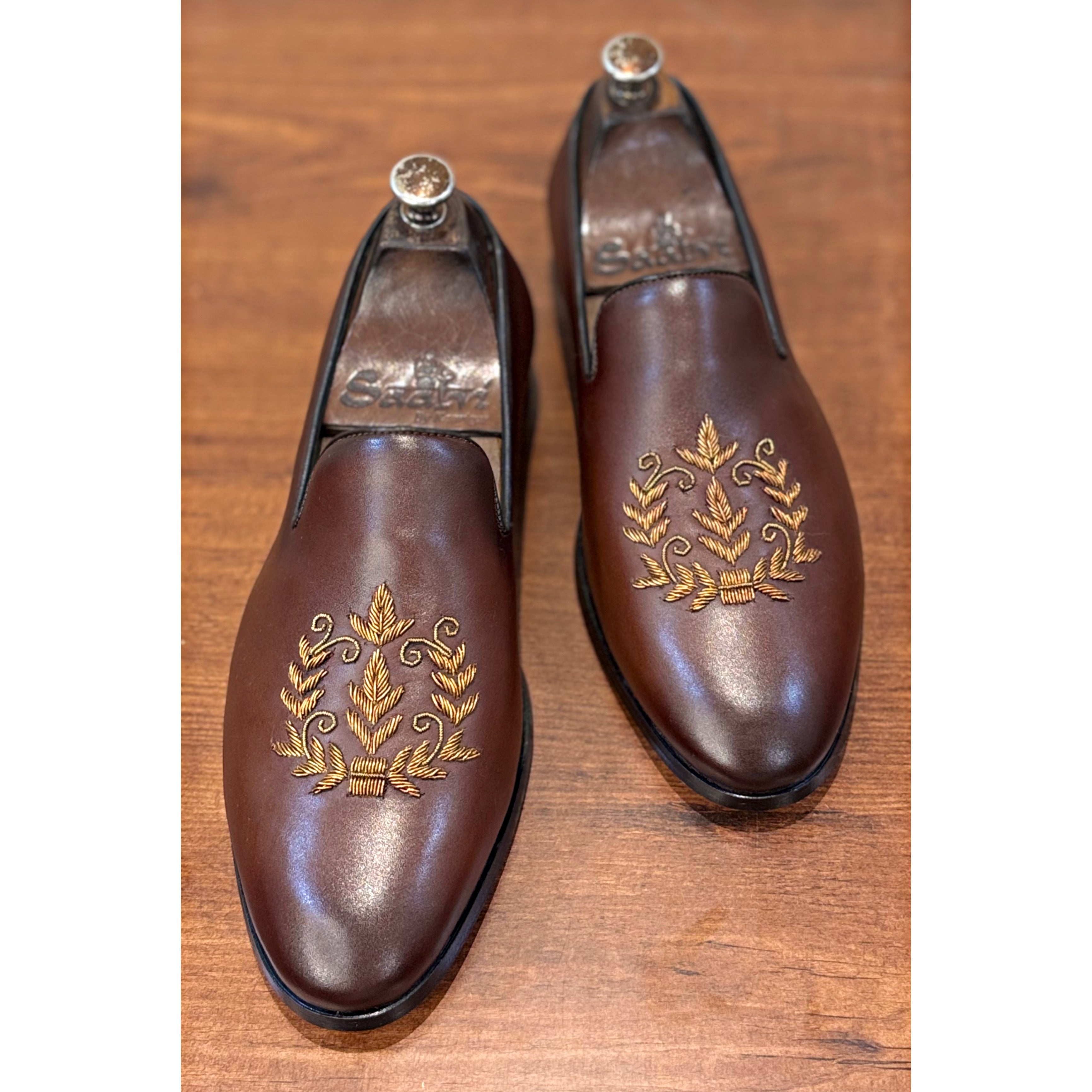 Brown Leaf Zardosi Slipon