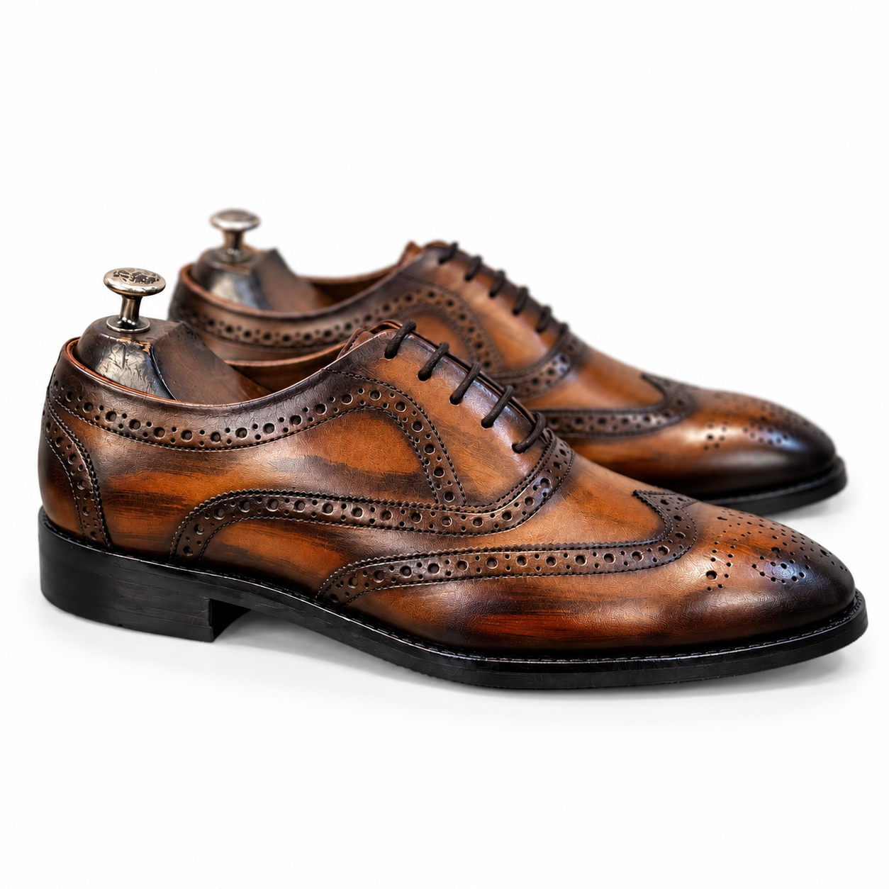 Cognac Royale Hand-Patina Wingtip Oxford Shoes