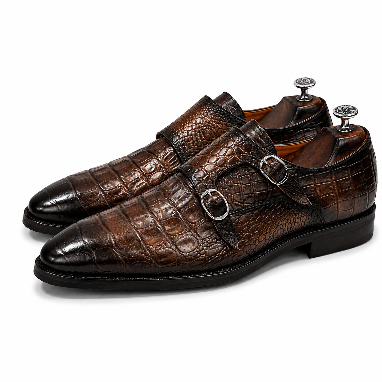 Chestnut Embossed Leather Double Monk Strap Shoes