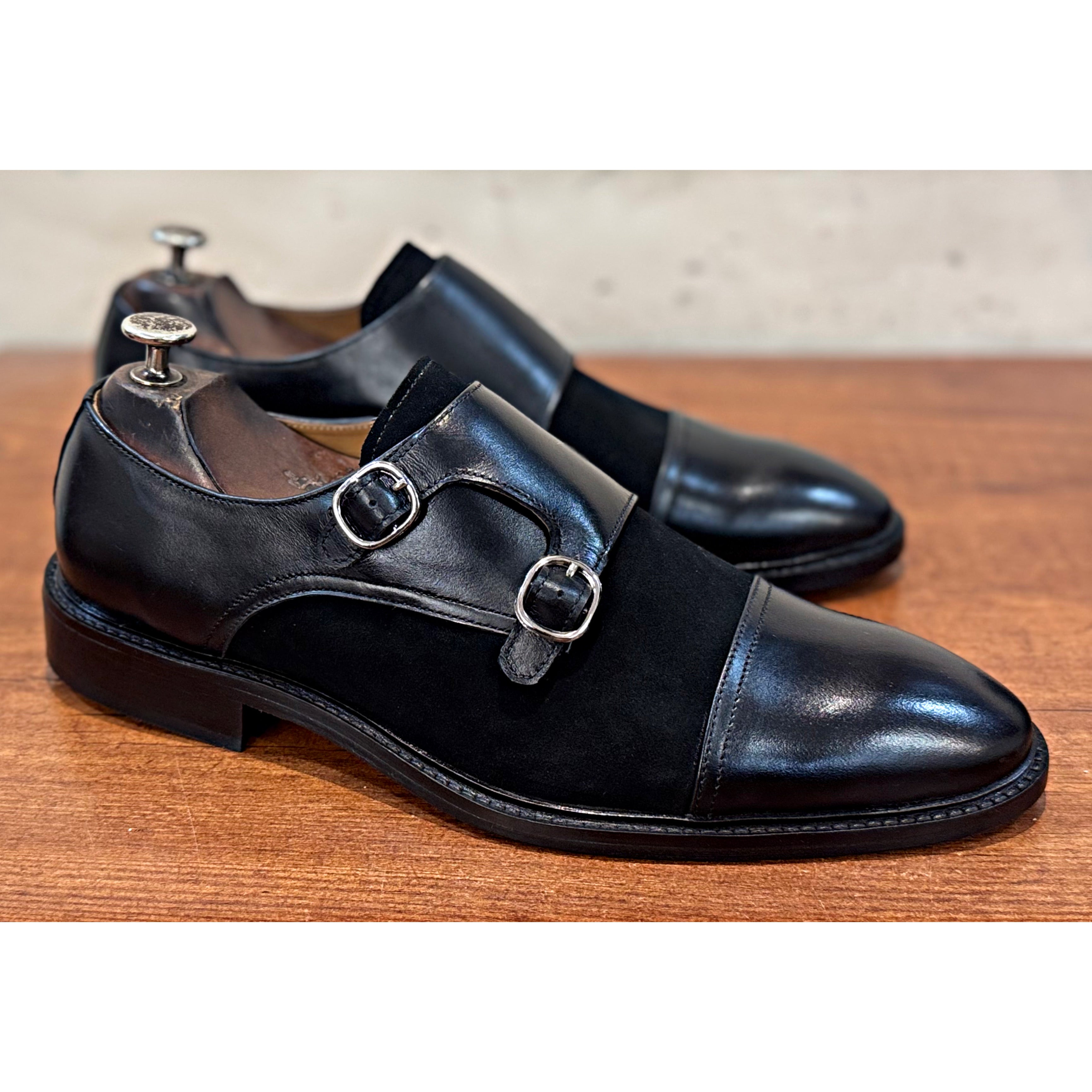 Double Monk Strap Black Suede & Leather