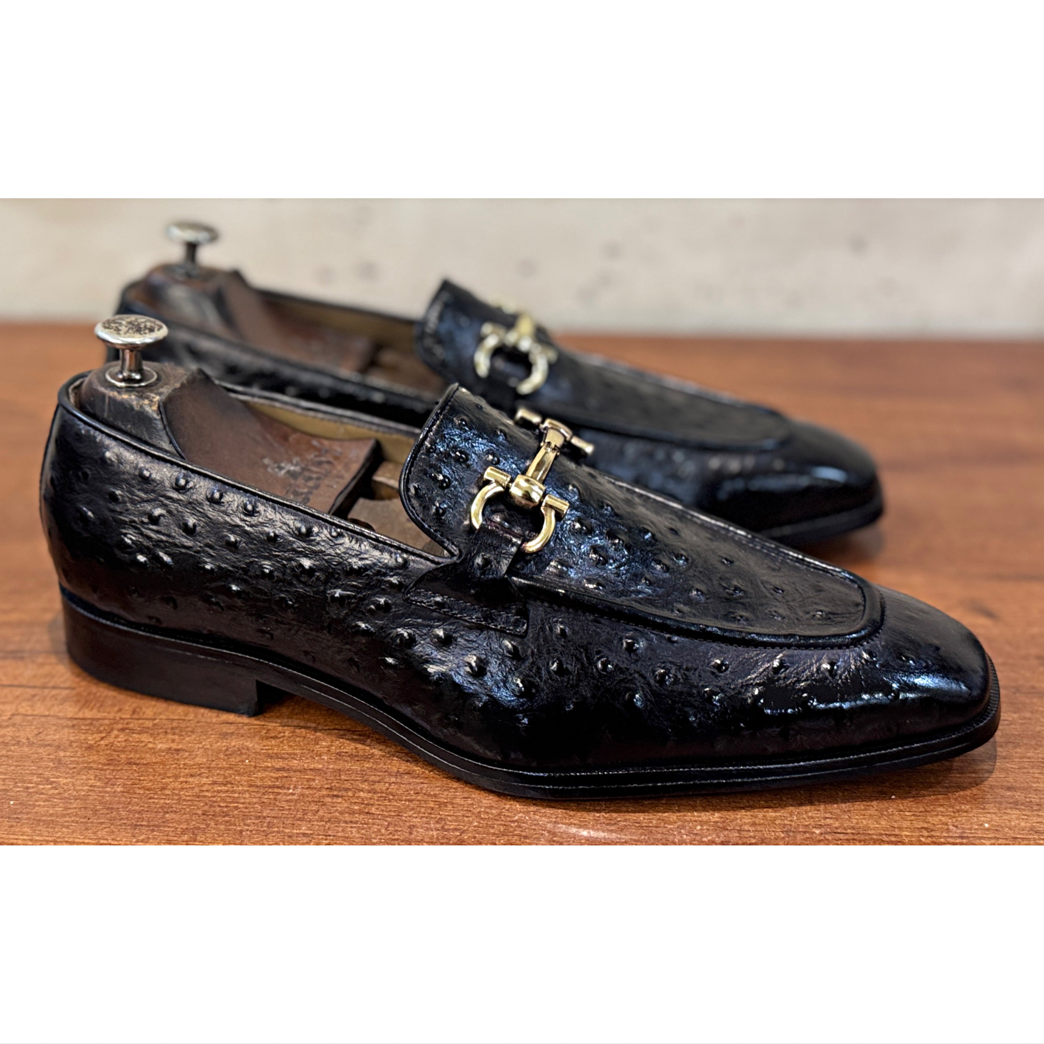 Men’s Black Ostrich-Embossed Leather Horsebit Loafers – Luxury Slip-On Formal Shoes