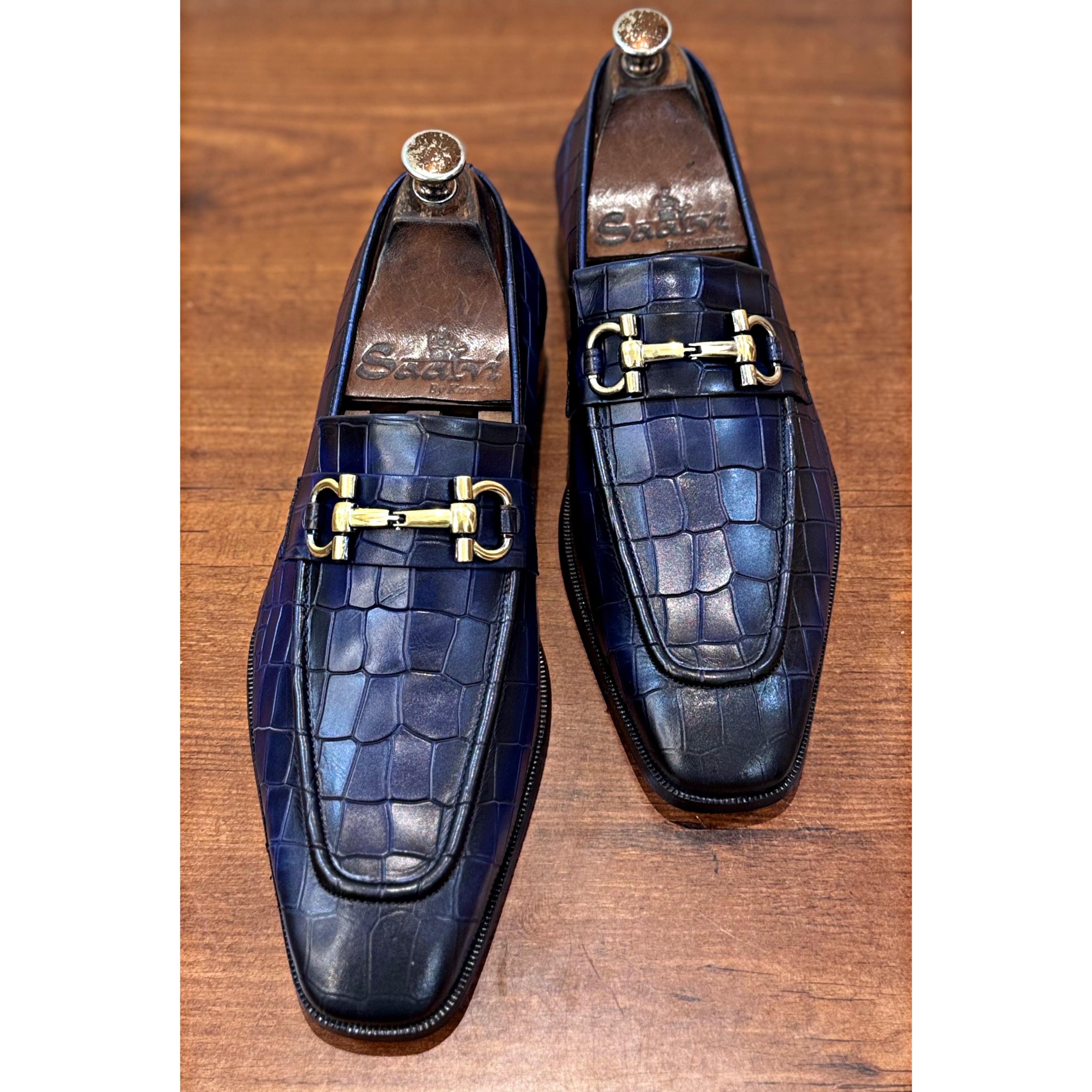 Croco Blue Loafers Golden Buckle