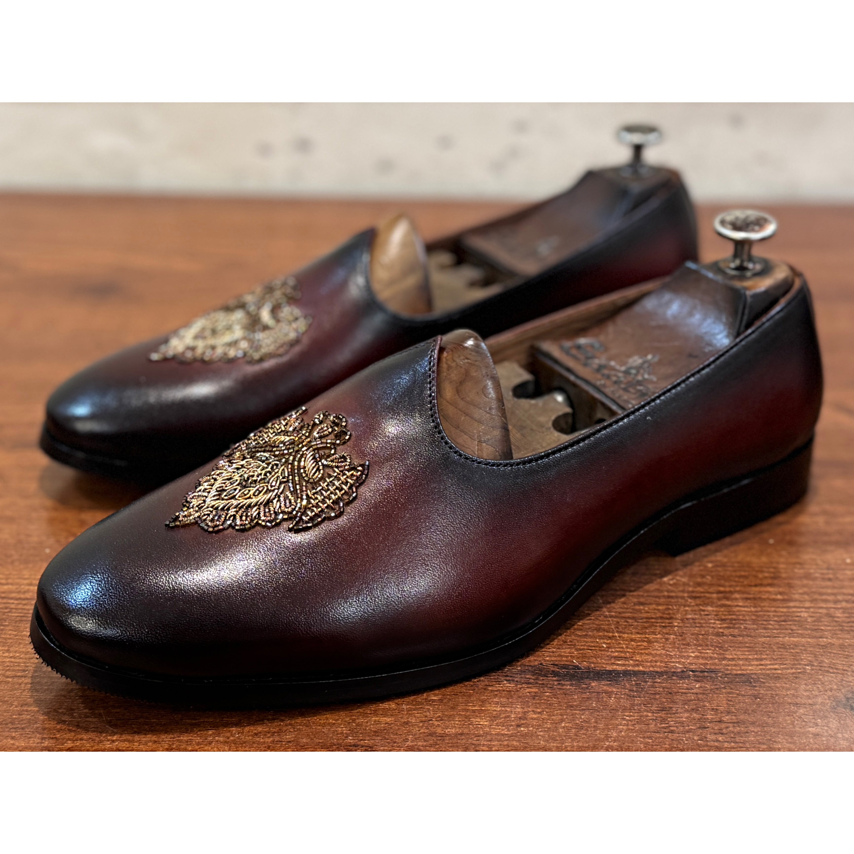 The Regal Crest Slipper – Burgundy Luxury Embroidered Loafers
