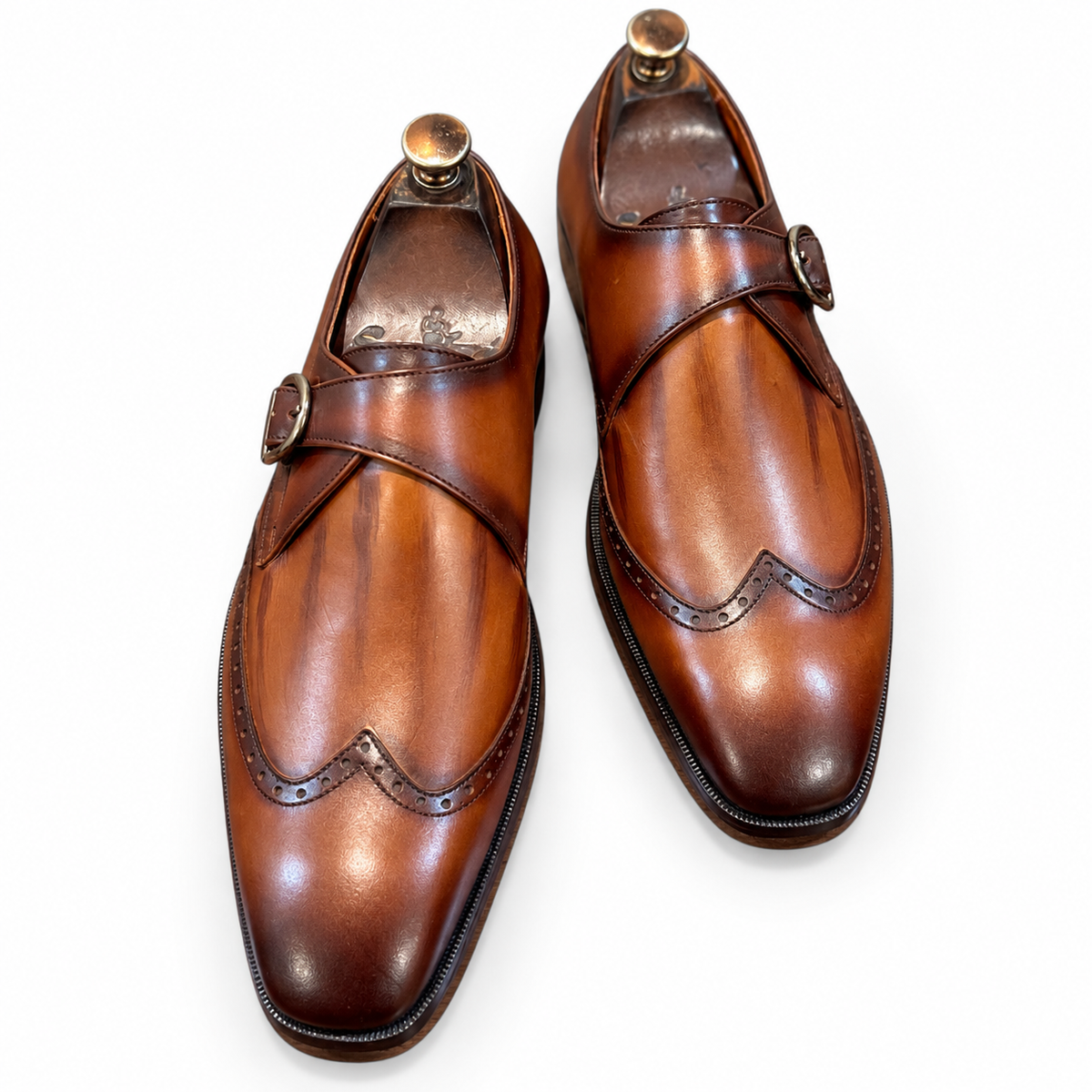 Cognac Artisan Hand-Patina Single Monk Brogue Shoes