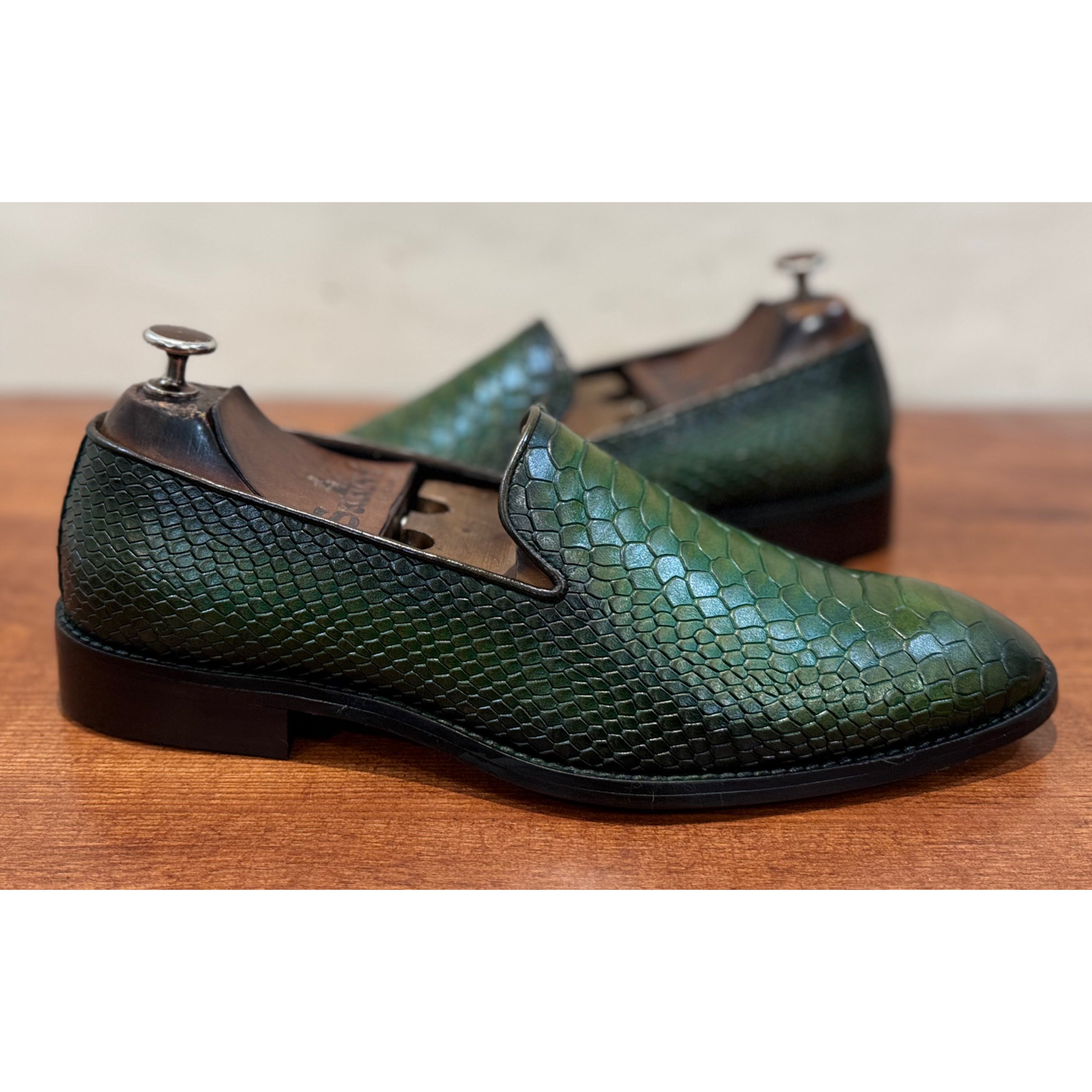 Python Embossed Loafers | Green