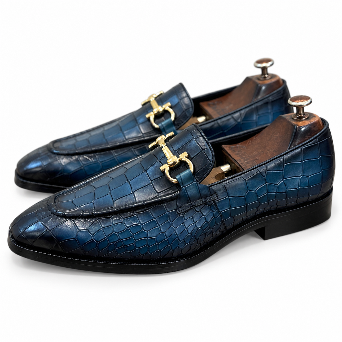 Aurelio Navy Croc Embossed Horsebit Loafers