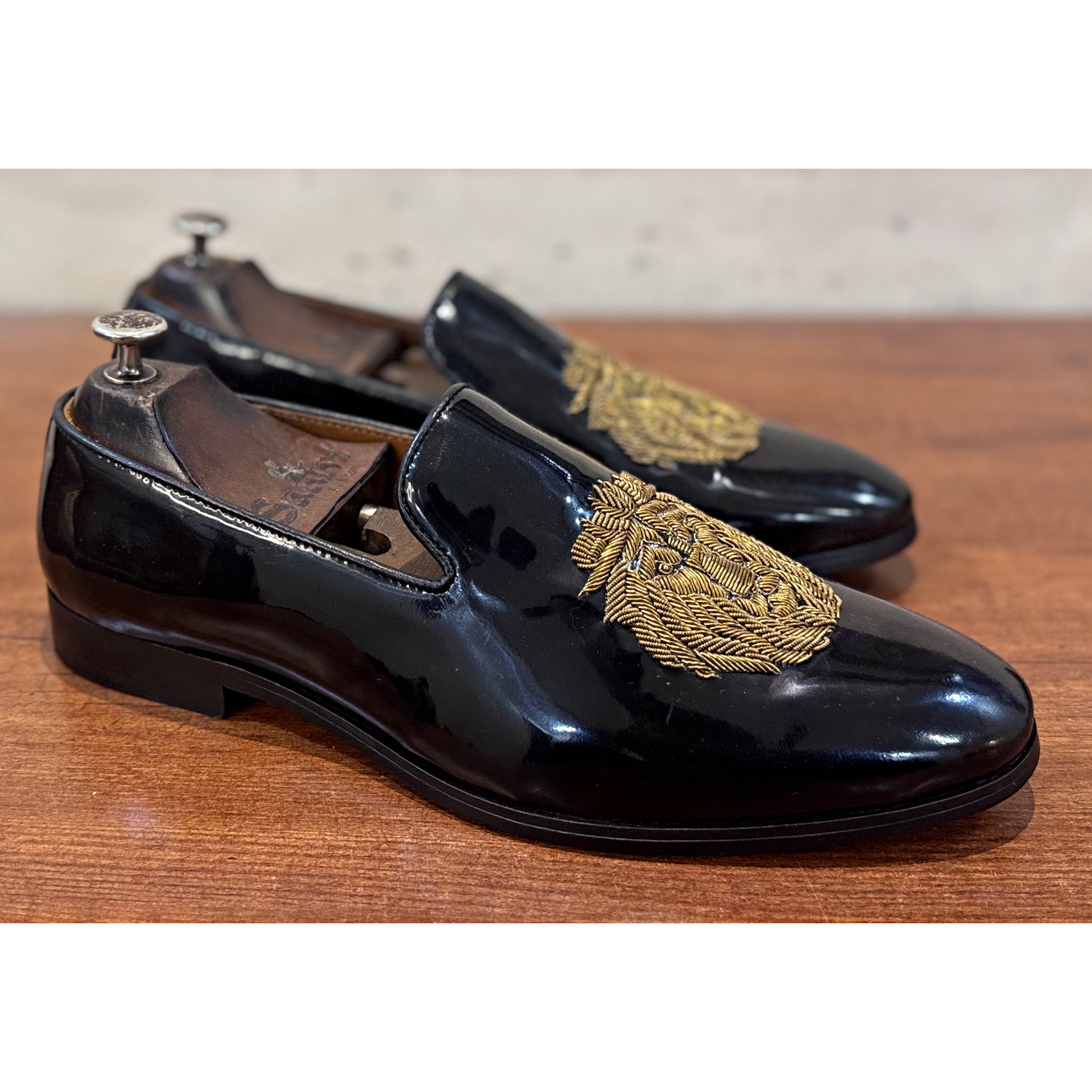Black Patent Lion Zardosi Slipons