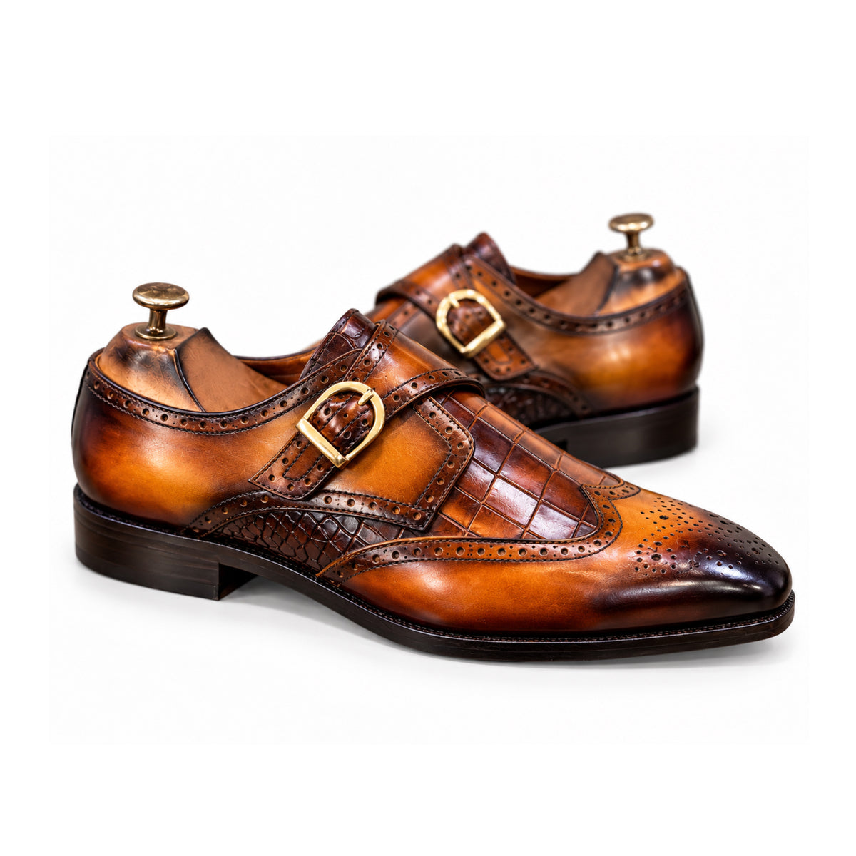 Aurelio Cognac Hand-Patina Single Monk Brogue Shoes