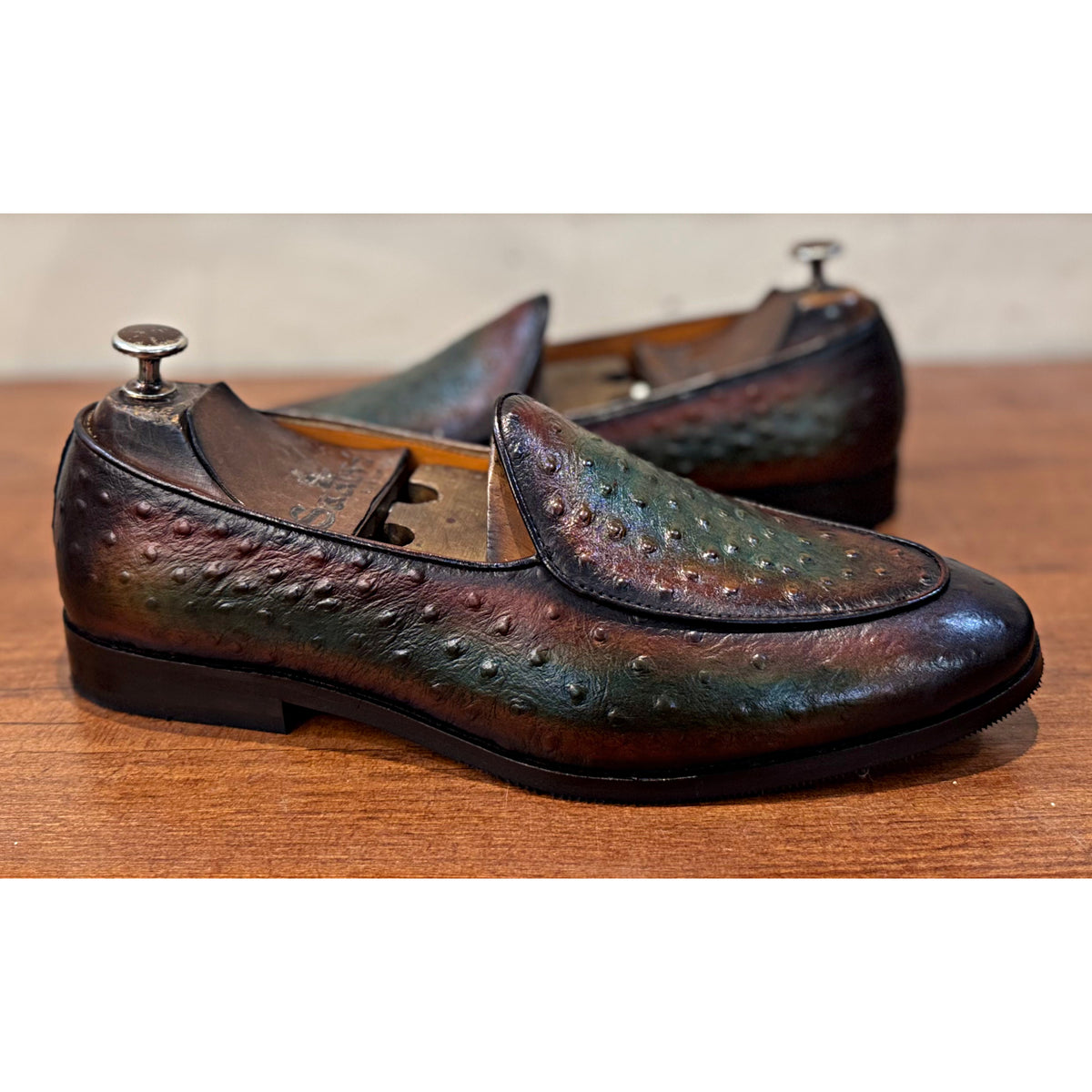 Belgian Loafers Ostrich Hand Patina