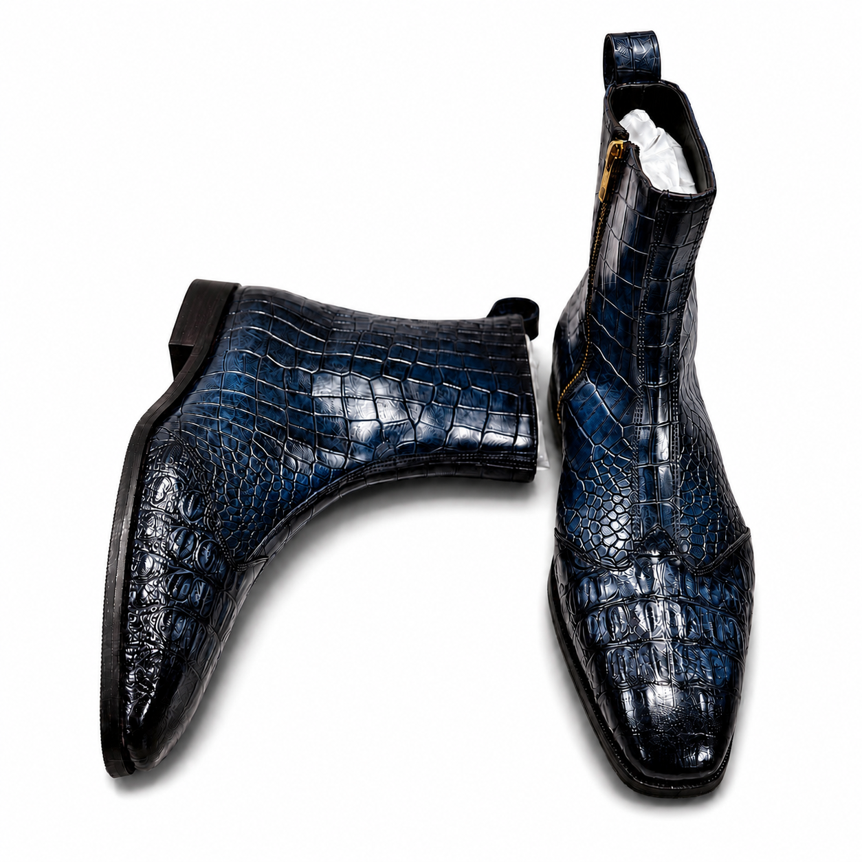 Midnight Navy Croc-Embossed Leather Chelsea Boots