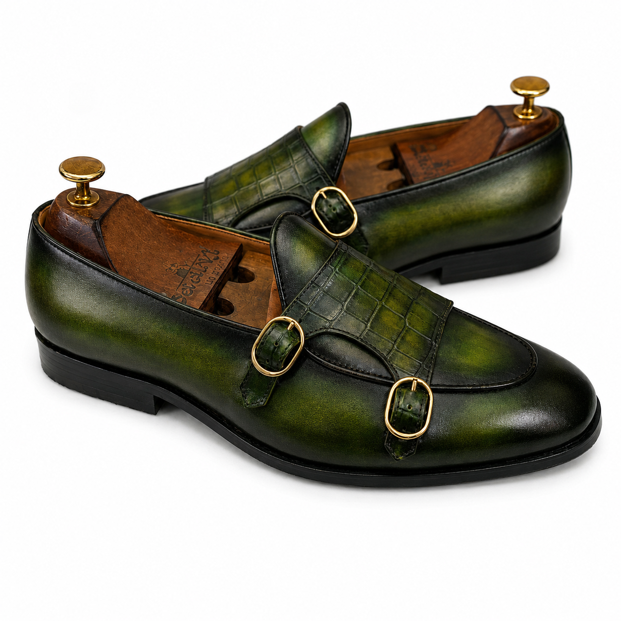 Royal Emerald Croco Double Monk Loafers