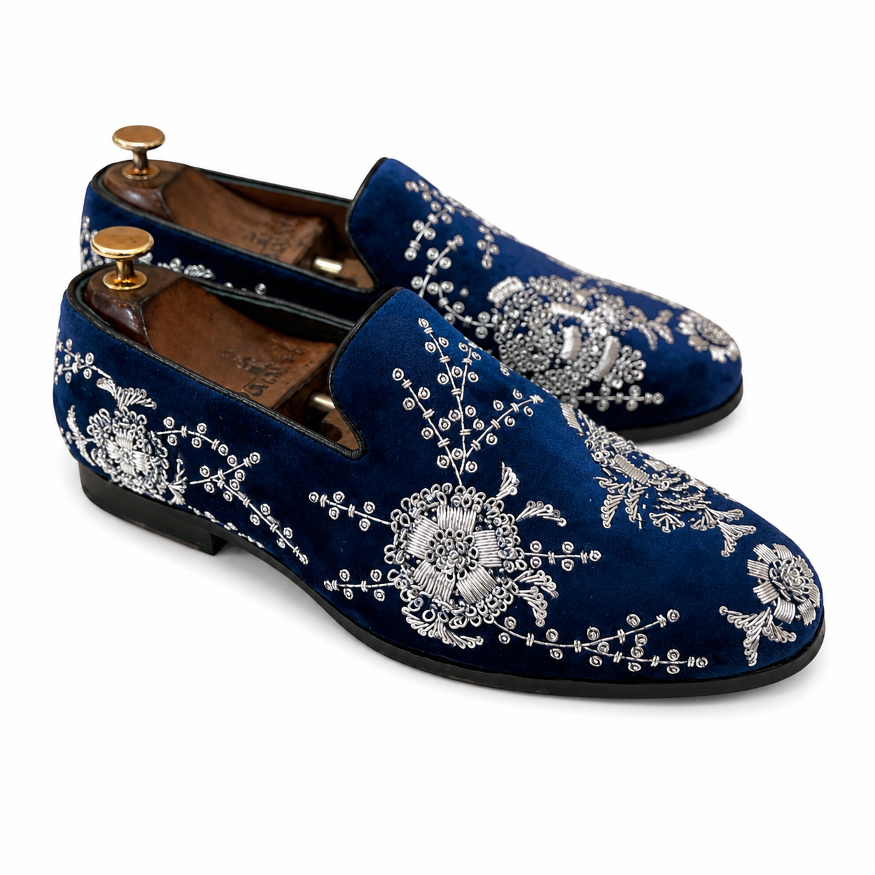 Blue Velvet Silver Zardosi Embroidery Slip-ons