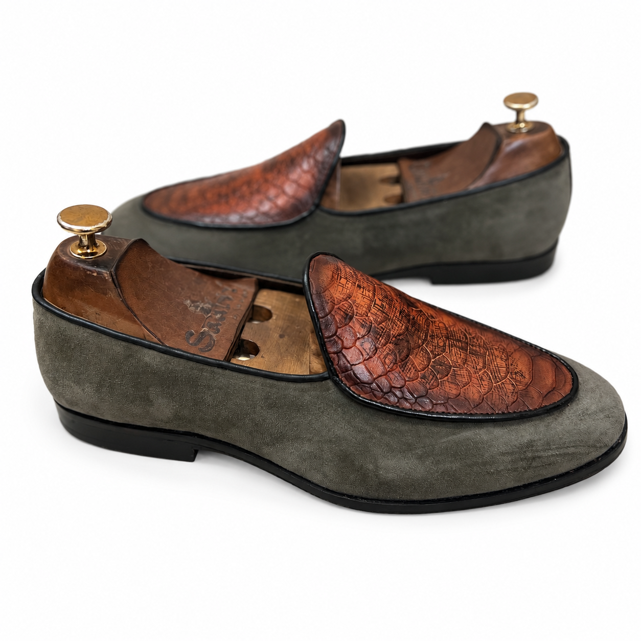 Ashford Belgian Loafers – Grey Suede & Croco Leather