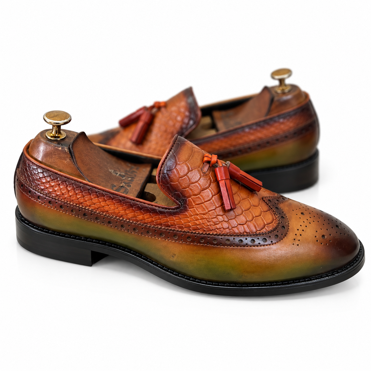 Verdant Cognac Twin-Texture Wingtip Tassel Loafers