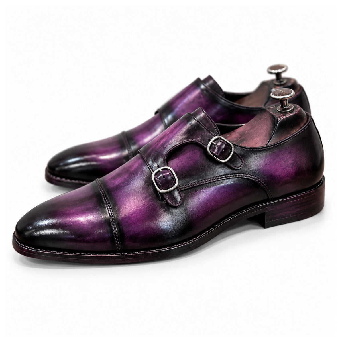 Royal Aubergine Hand-Patina Double Monk Shoes