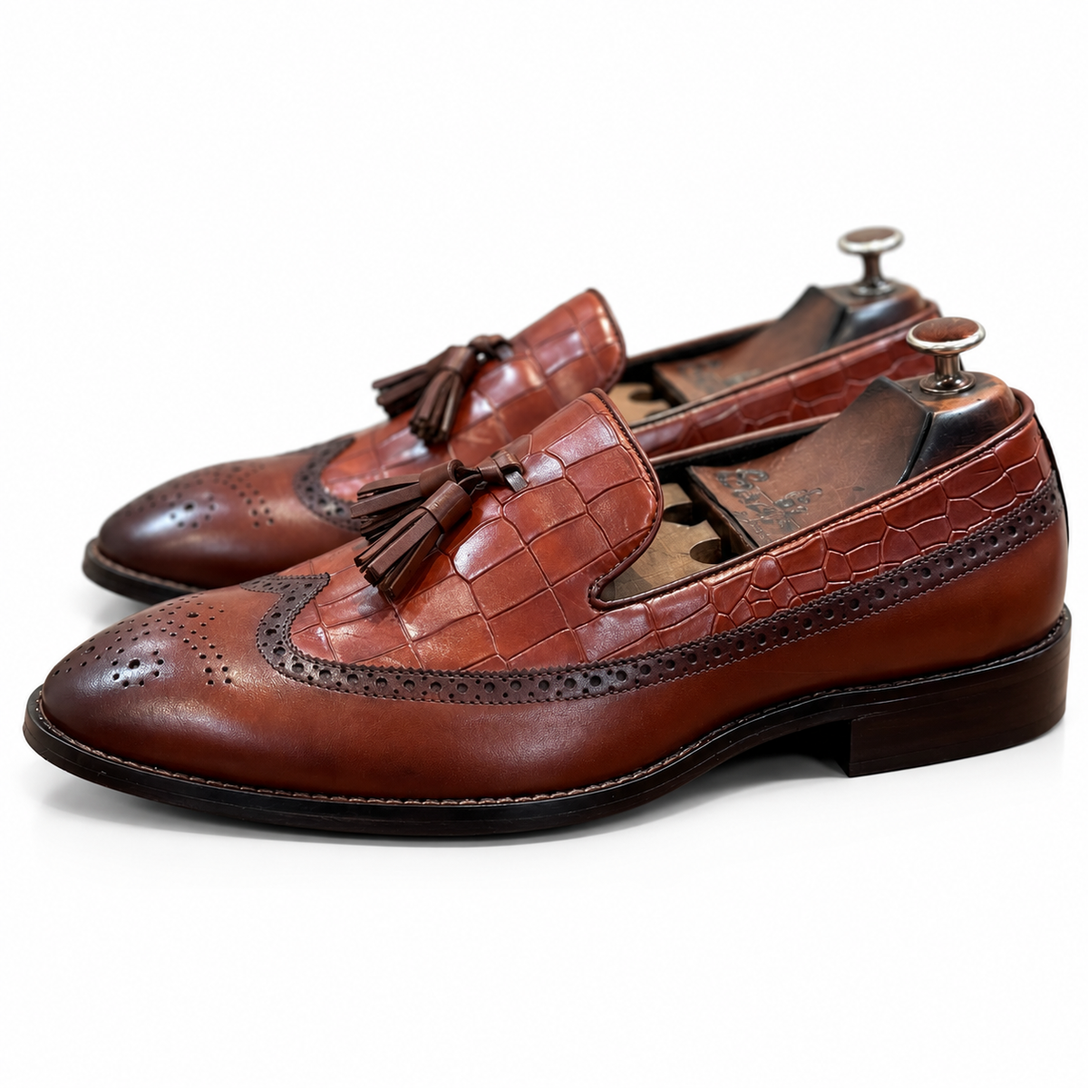 Cognac Regent Twin-Texture Wingtip Tassel Loafers