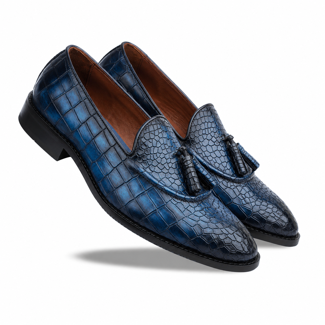 The Riviera Azure – Navy Croc Tassel Loafers