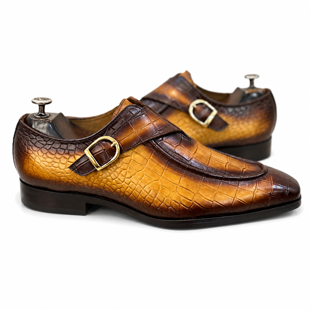 British Pointed Toe Single Monk – Burnished Bronze Croc