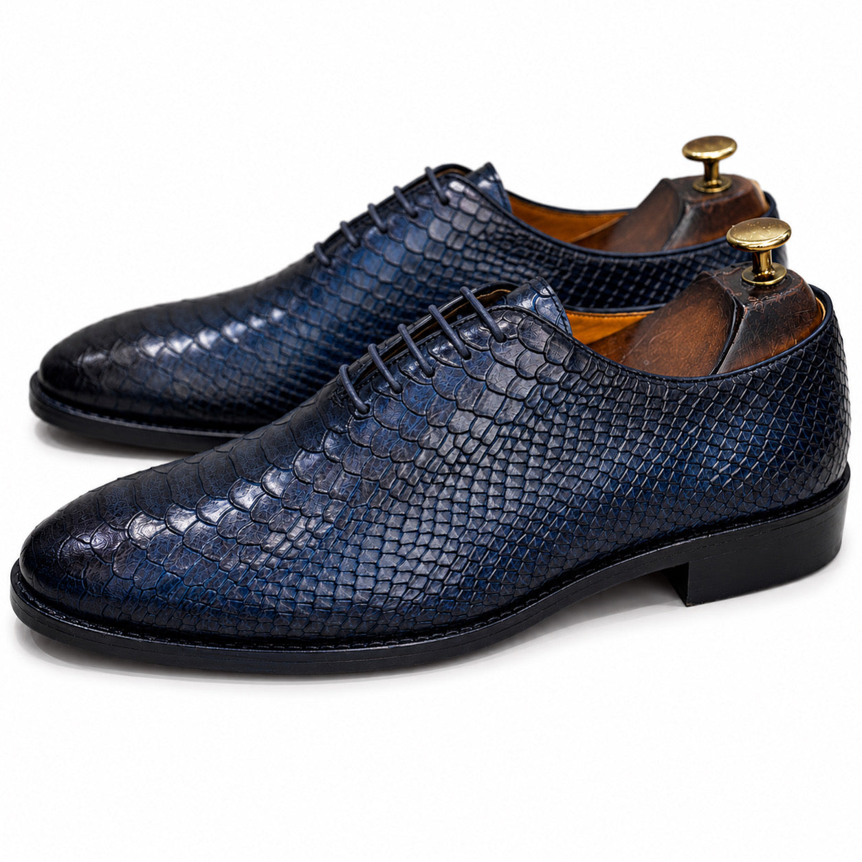 Midnight Blue Snake Embossed Leather Oxford Shoes for Men