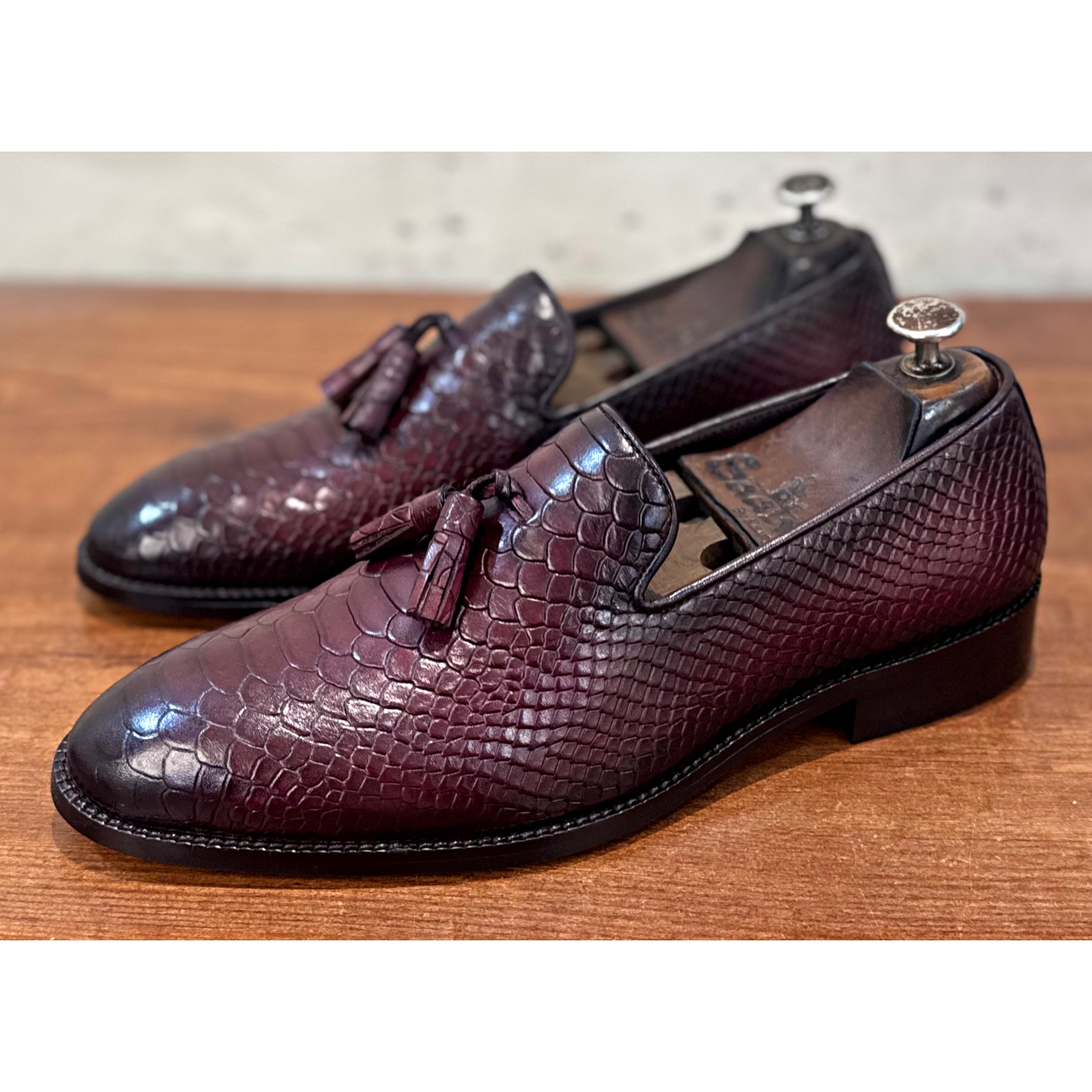Python Embossed Loafers With Tassels Bordo