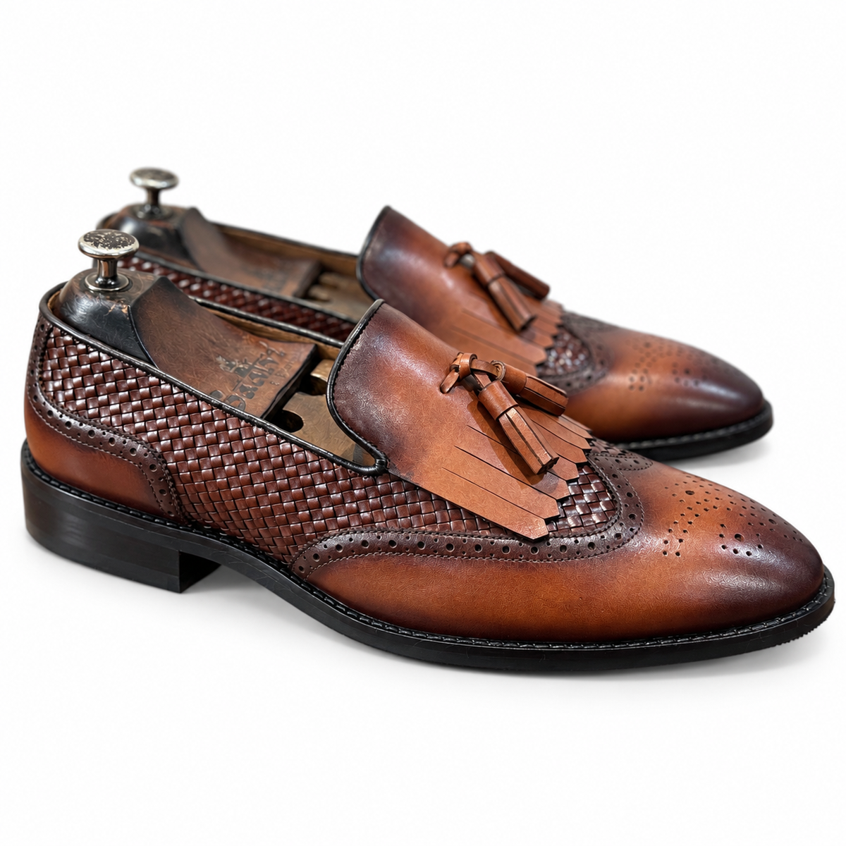 Cognac Royale Woven Wingtip Tassel Loafers