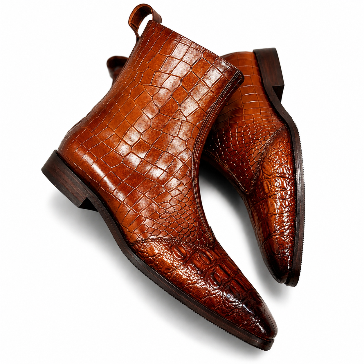 Cognac Burnished Croc-Embossed Leather Chelsea Boots