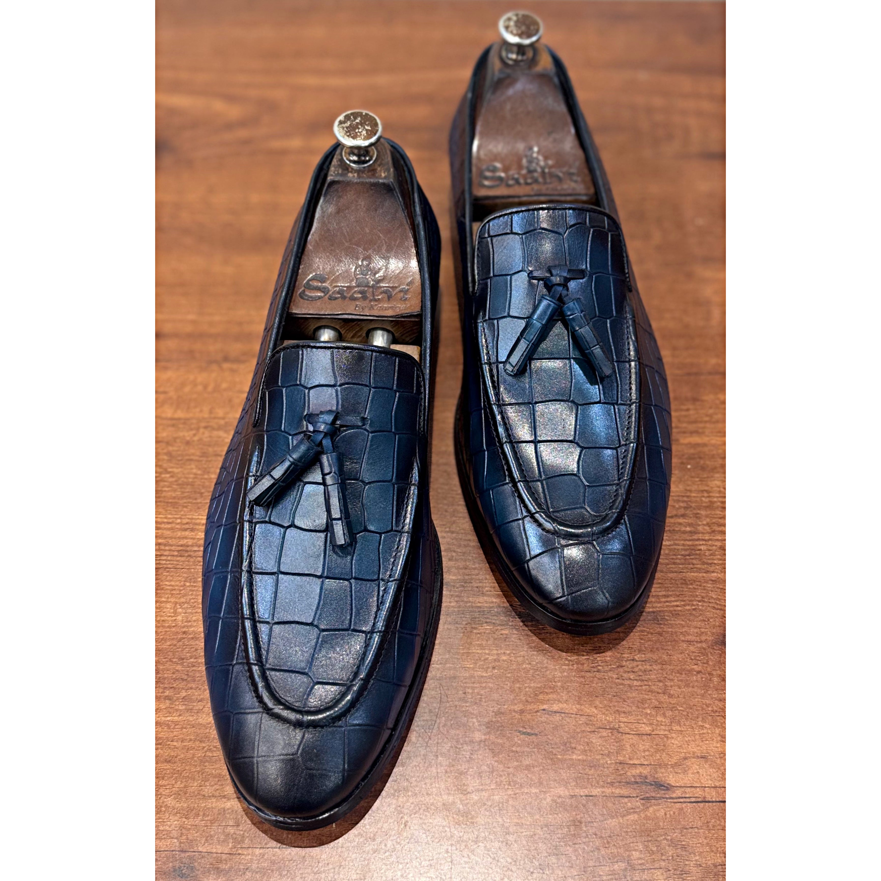 Blue Croco Loafers With Tassels