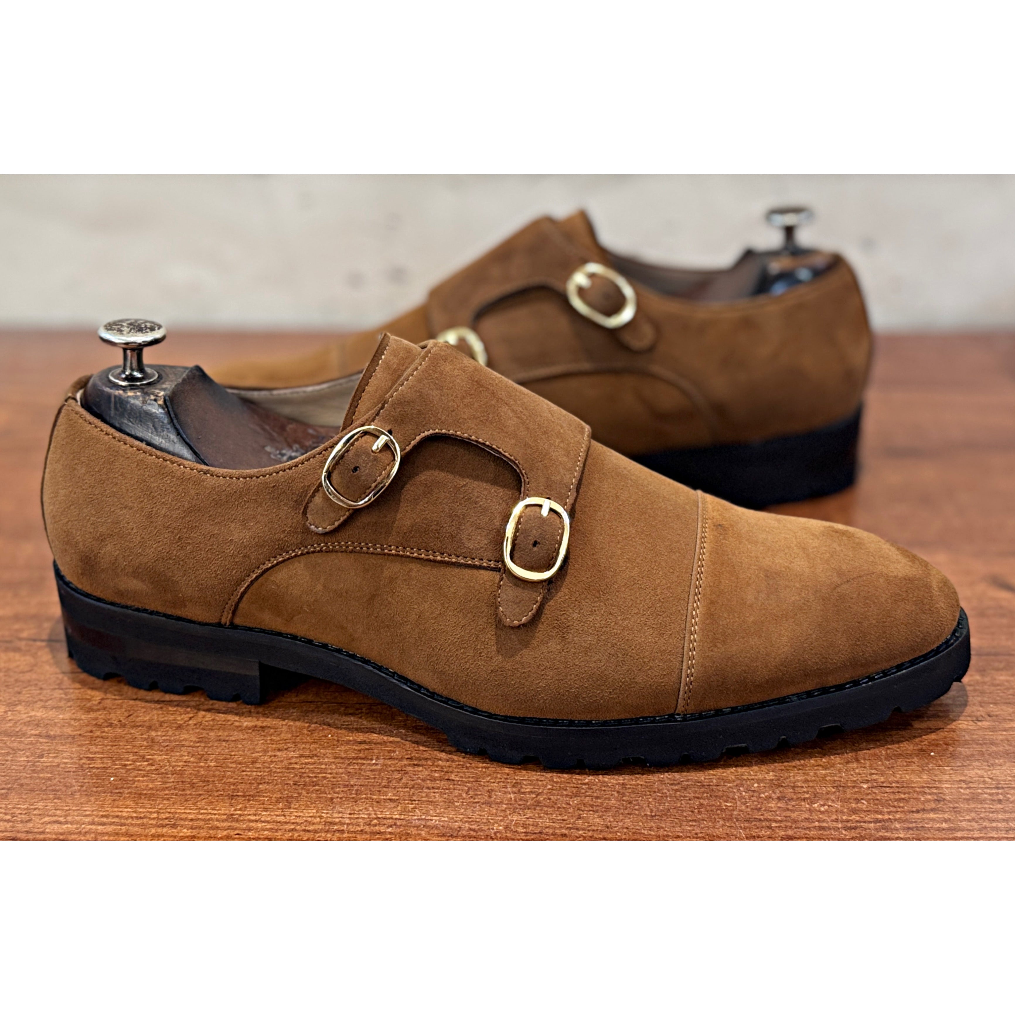 Sahara Suede Double Monk Strap Shoes – Luxury Tan Suede Monks