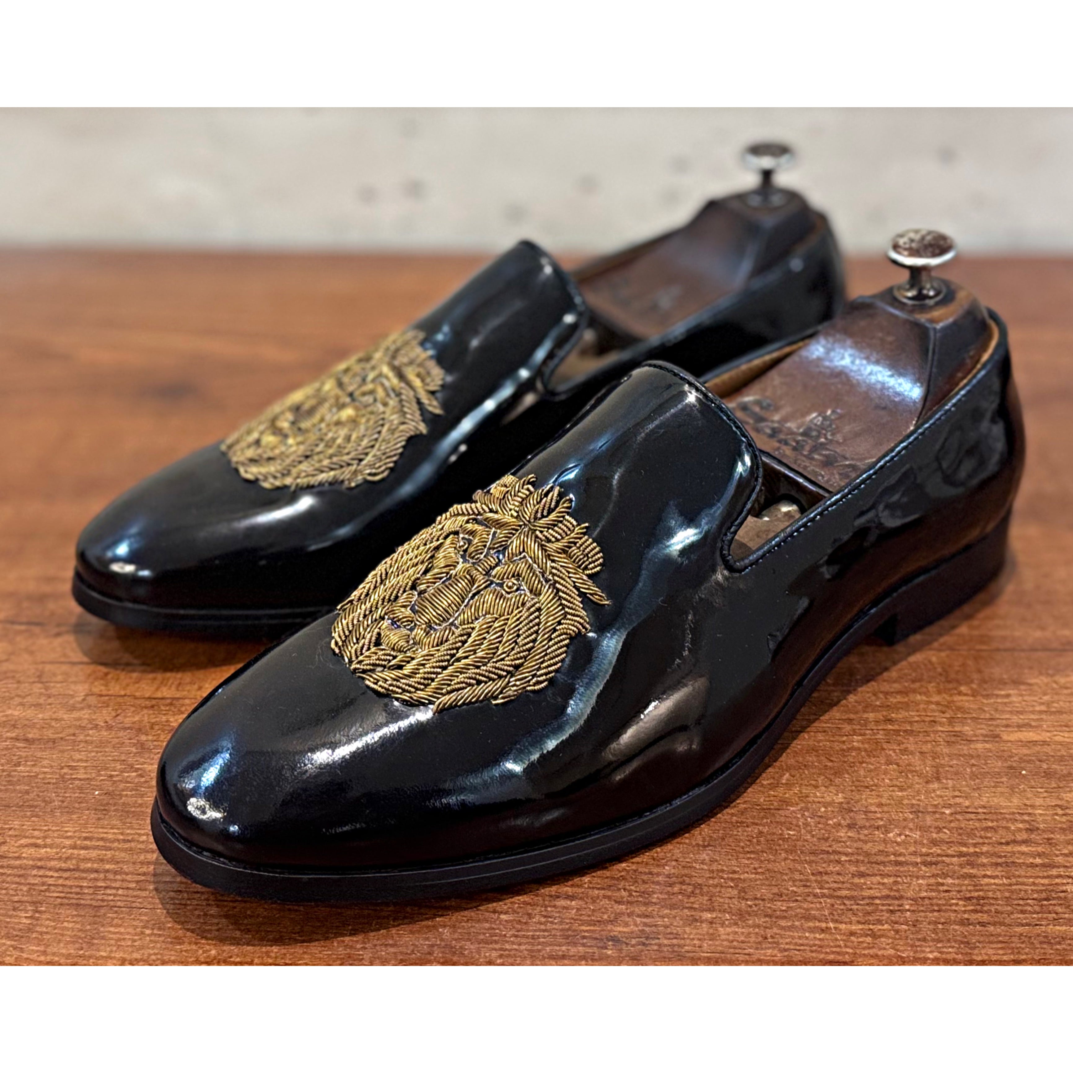 Black Patent Lion Zardosi Slipons