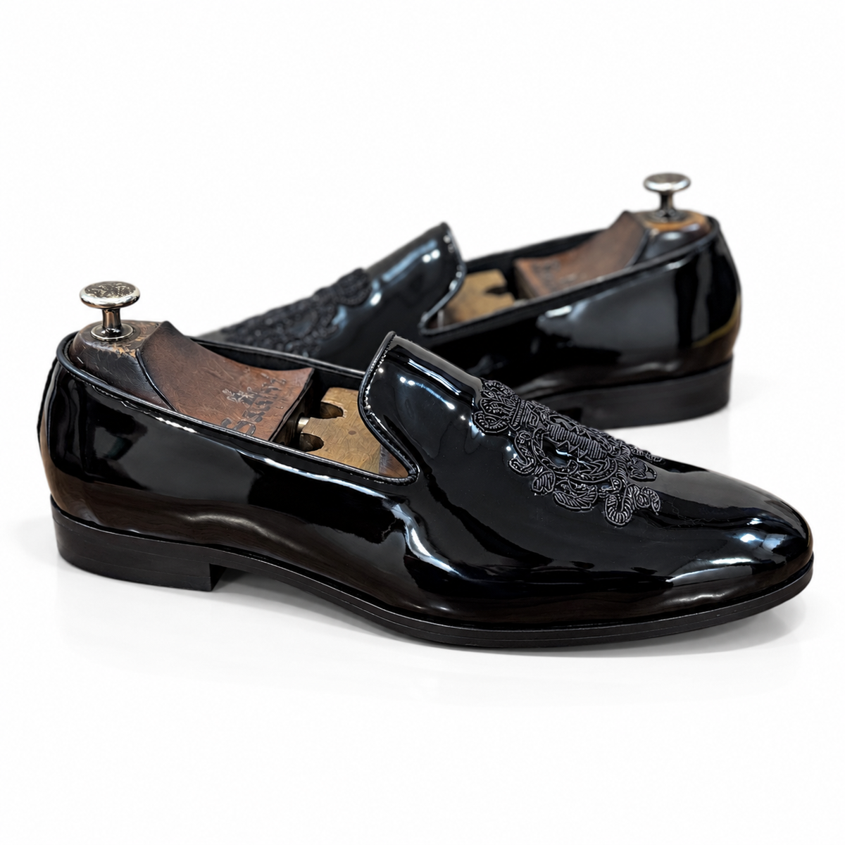 Obsidian Crest – Black Patent Embroidered Loafers