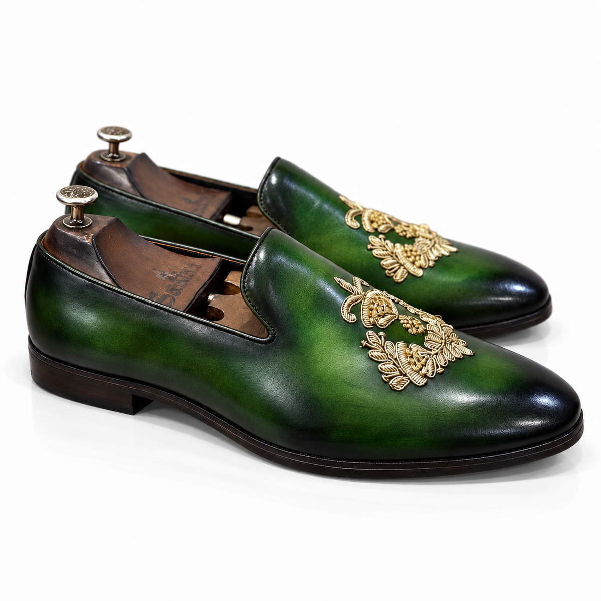 Viridian Royale – Emerald Green Gold Embroidered Loafers