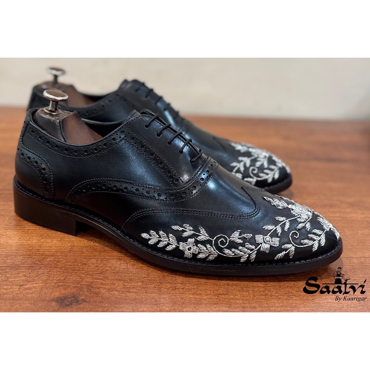 Silver Zardosi Wingtip Black Lace Ups