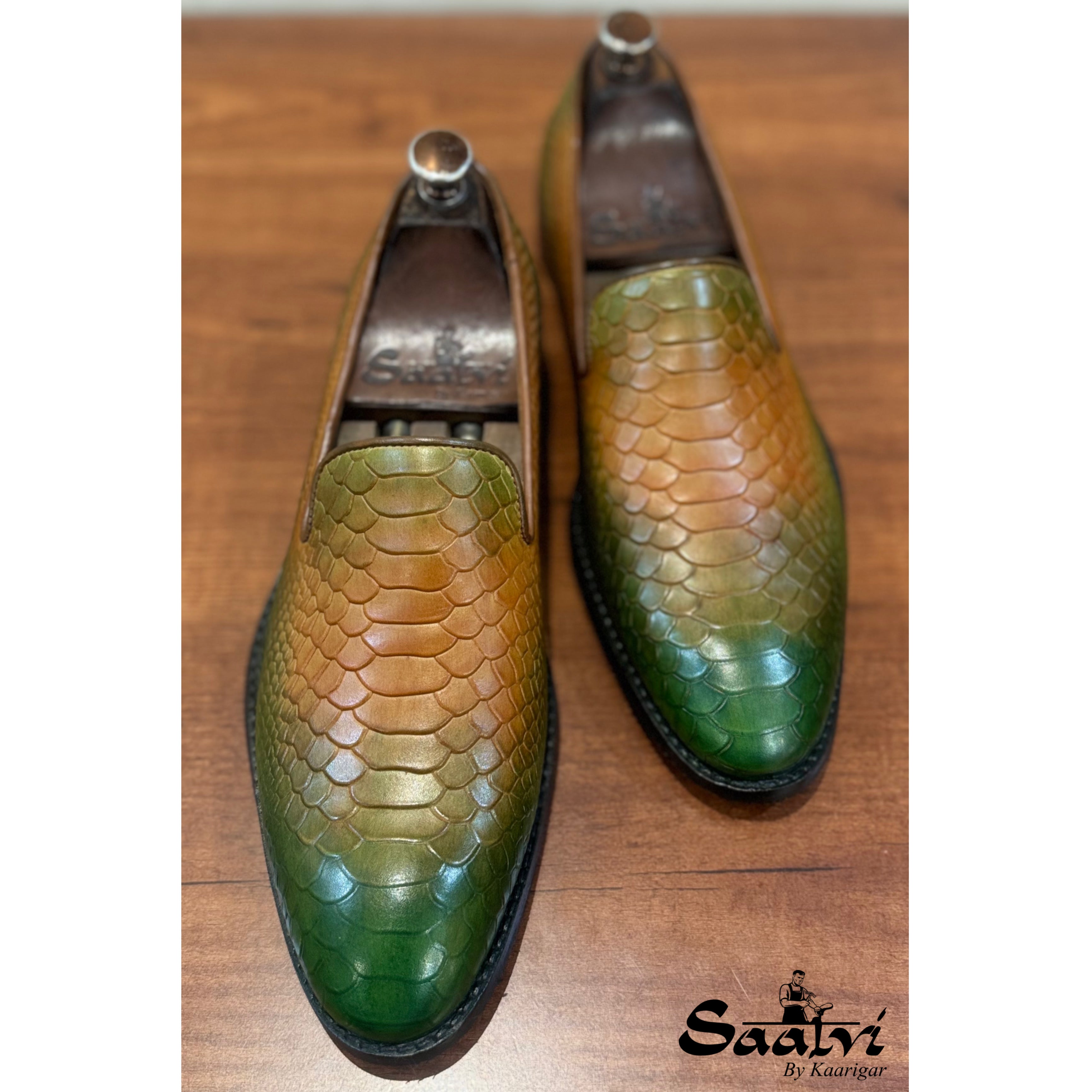 Python Embossed Loafers Tan Green