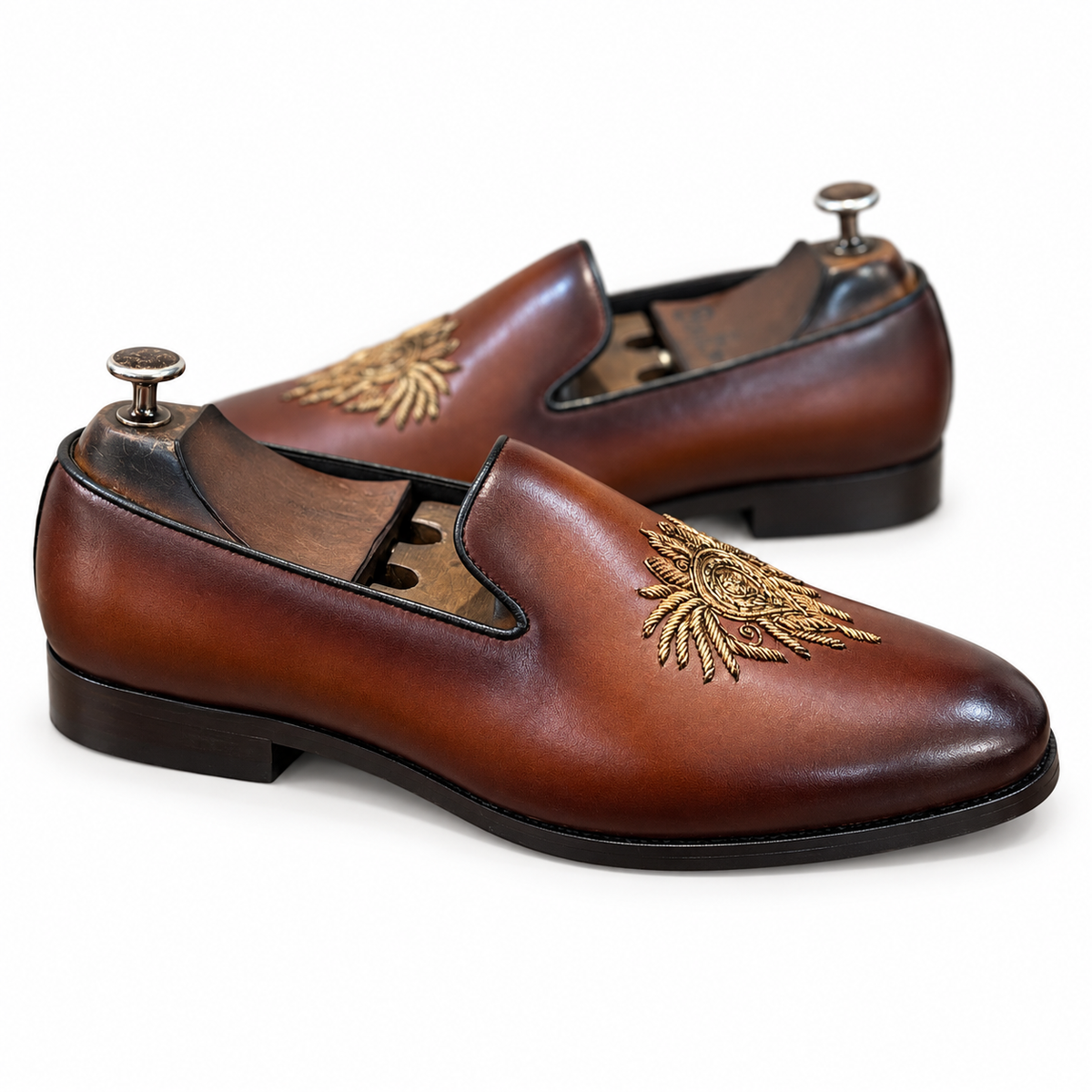 Aarambh Royal Brown Embroidered Slip-On Shoes