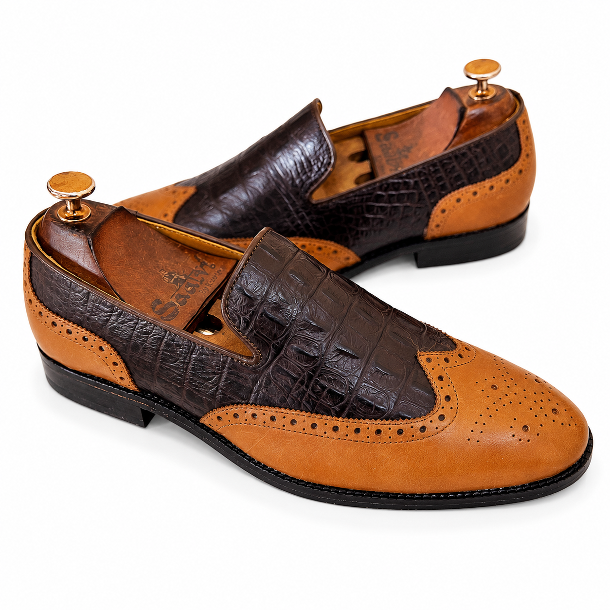 Wingcap Brown Tan Croco Slipons