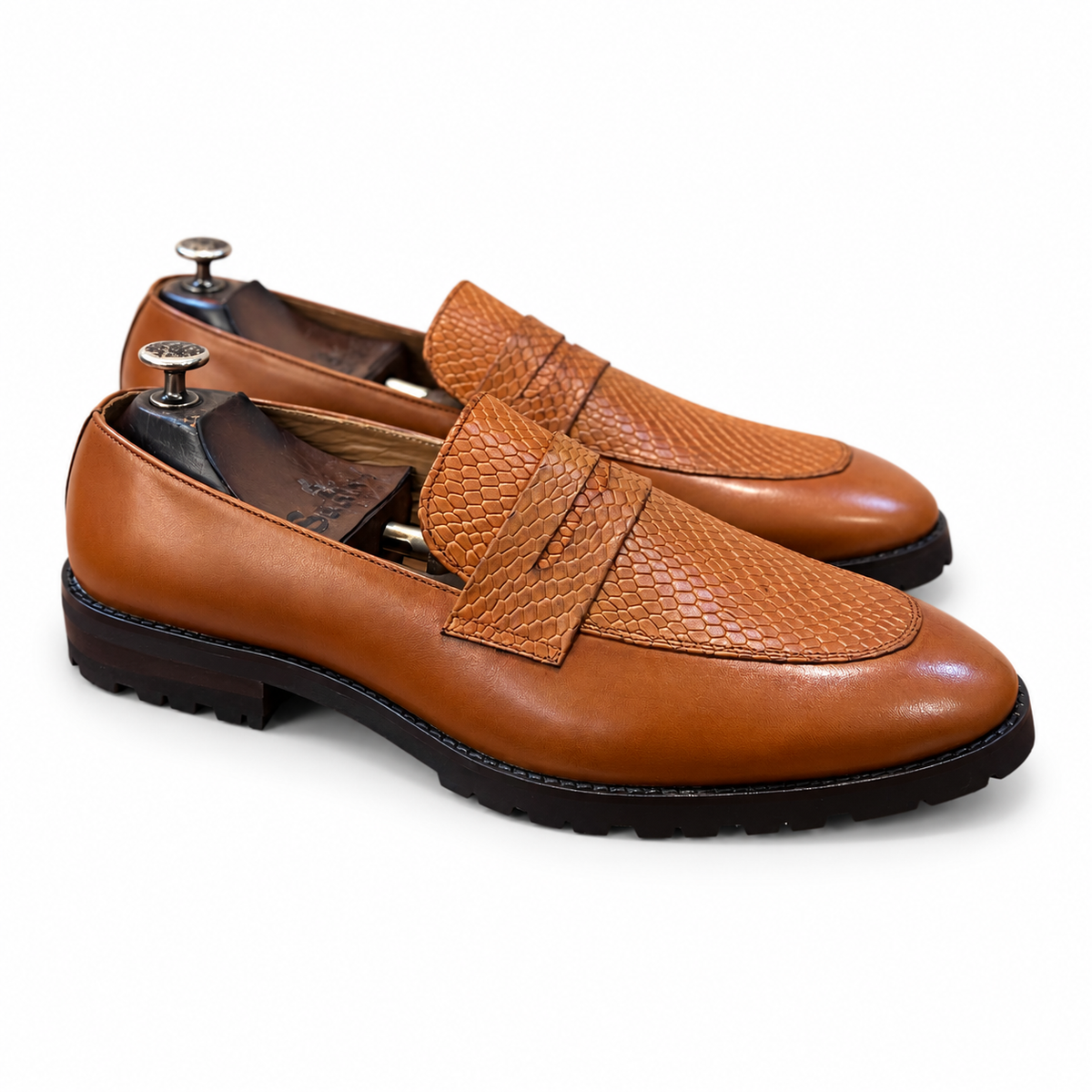 Cognac Royale Textured Penny Loafers