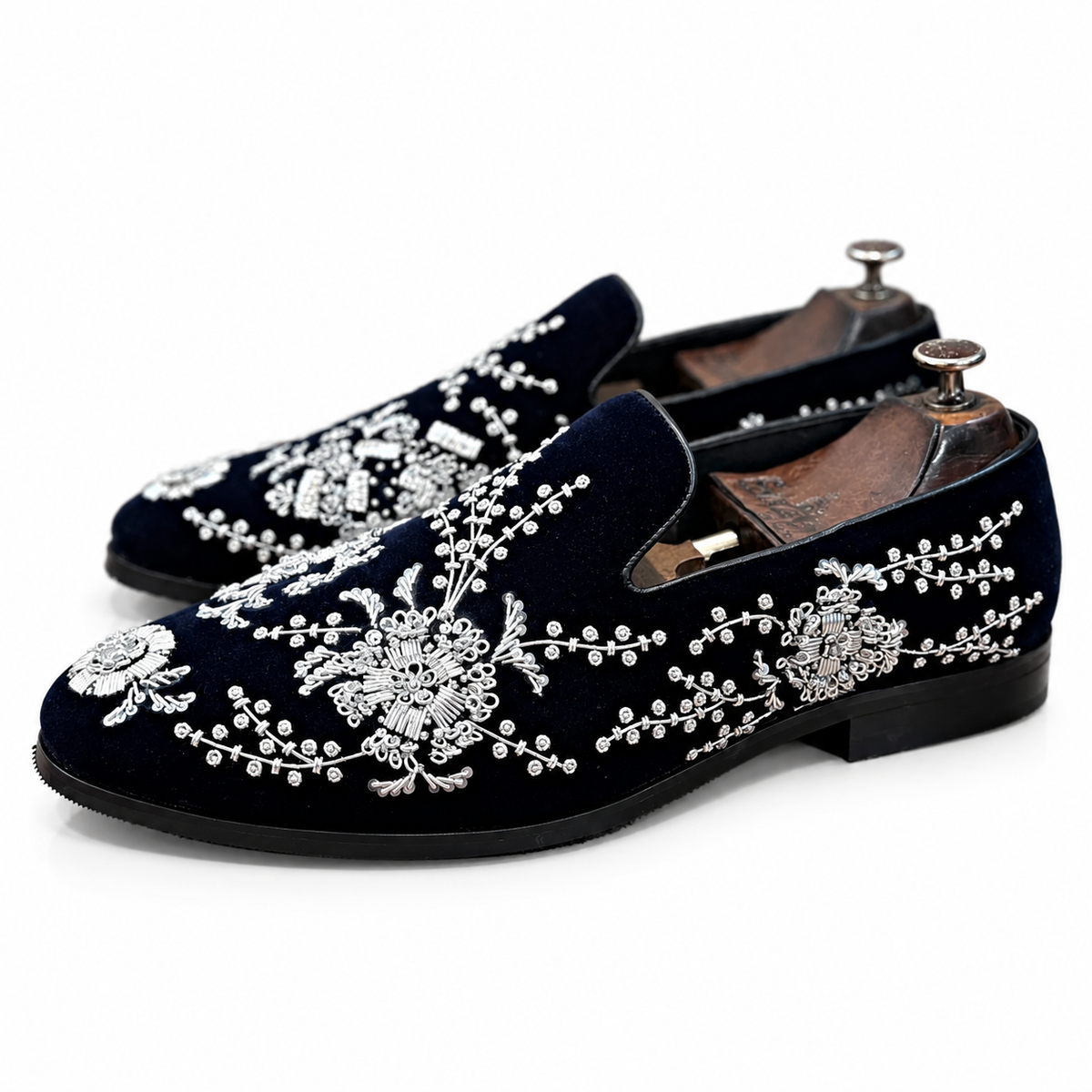 Noctivelle – Midnight Blue Velvet Loafers with Silver Zardozi Embroidery