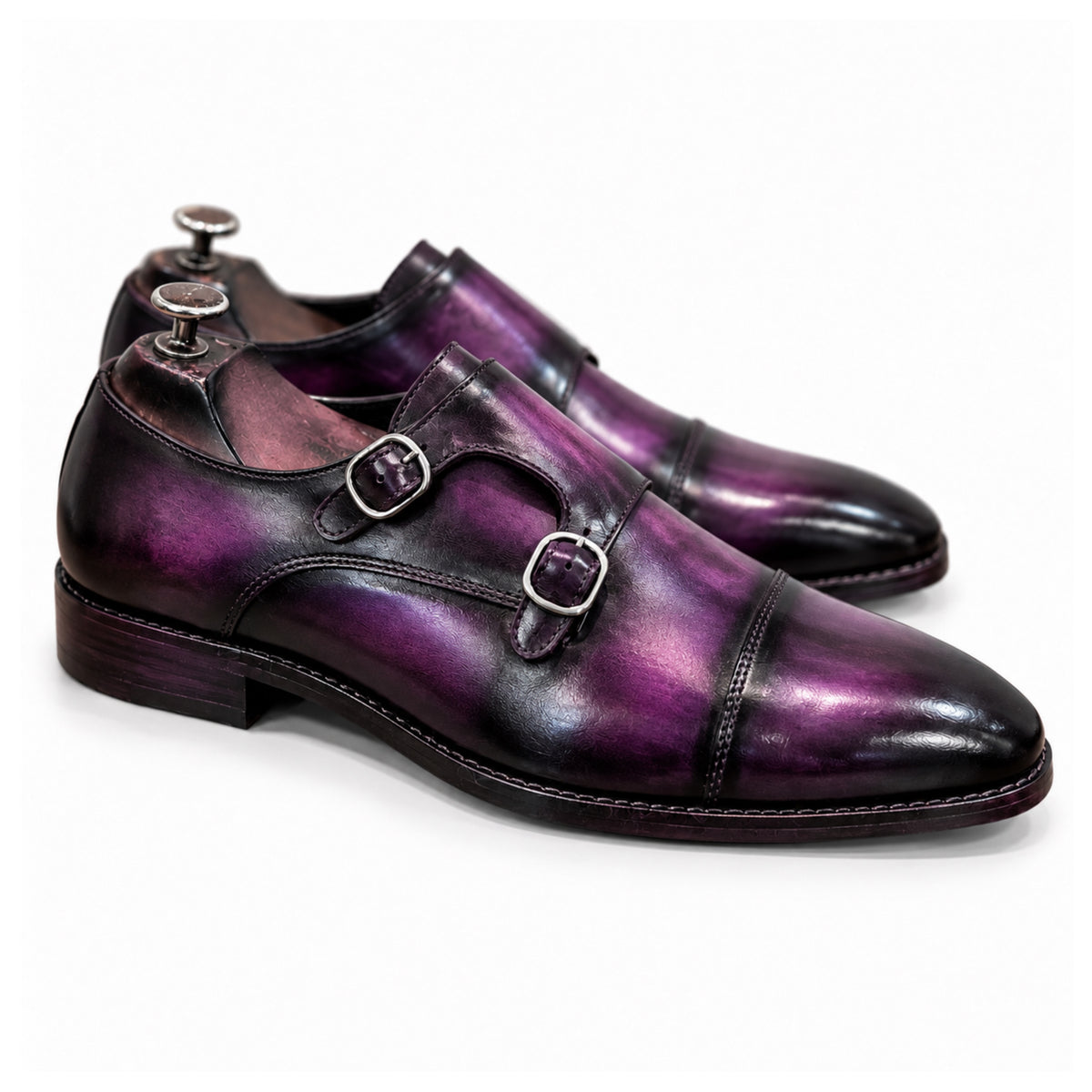 Royal Aubergine Hand-Patina Double Monk Shoes