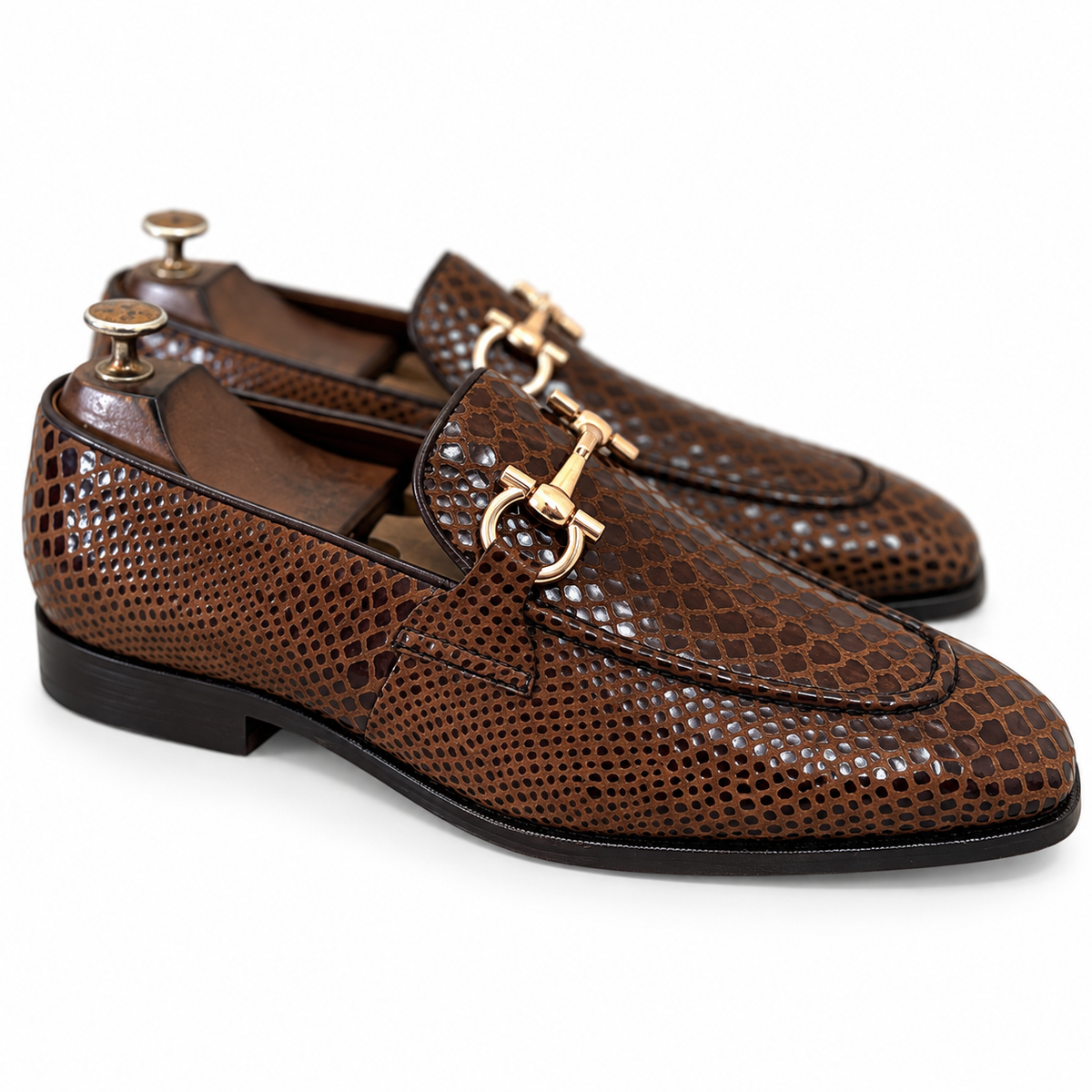 Cavaro Brown Snake Foil Horsebit Loafers