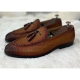 Tan Hand Woven Loafers With Tassels
