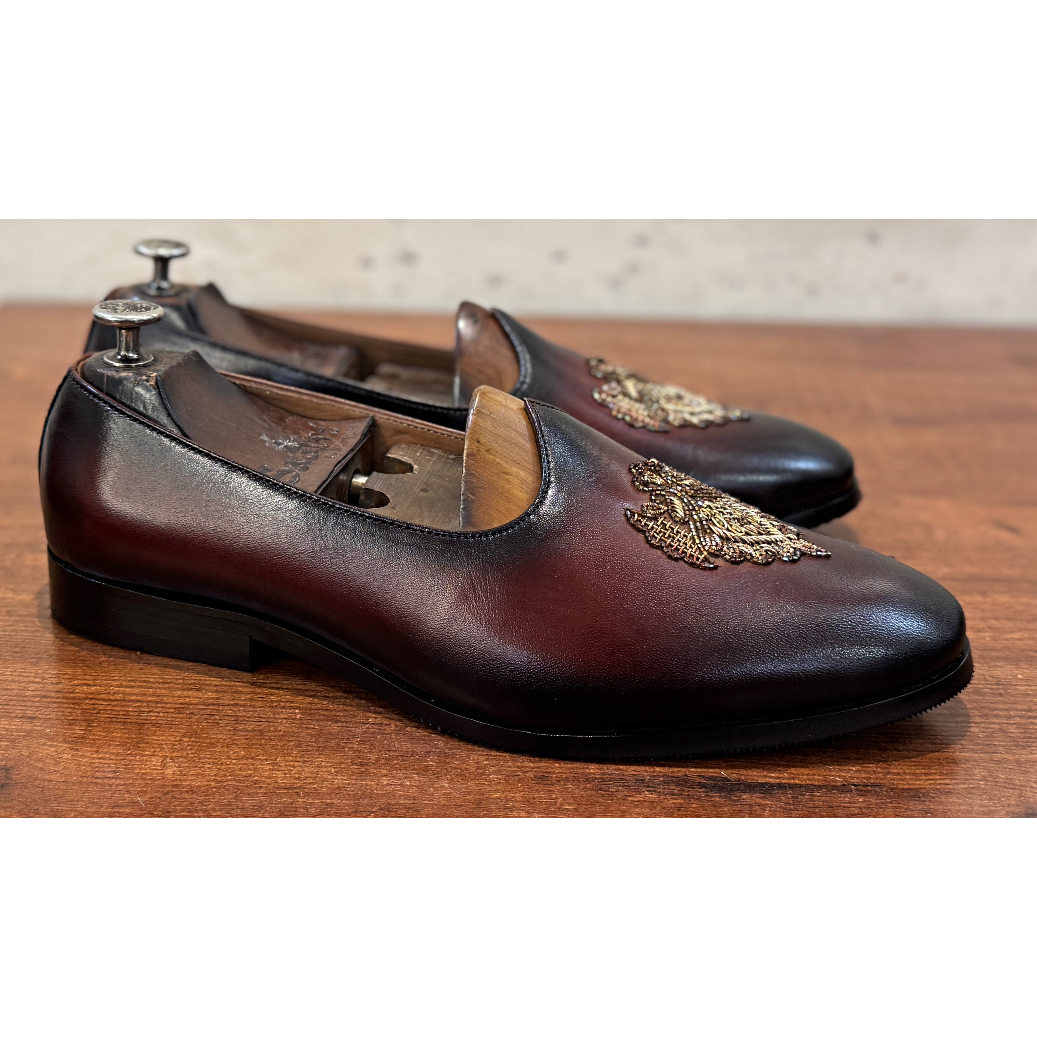 The Regal Crest Slipper – Burgundy Luxury Embroidered Loafers
