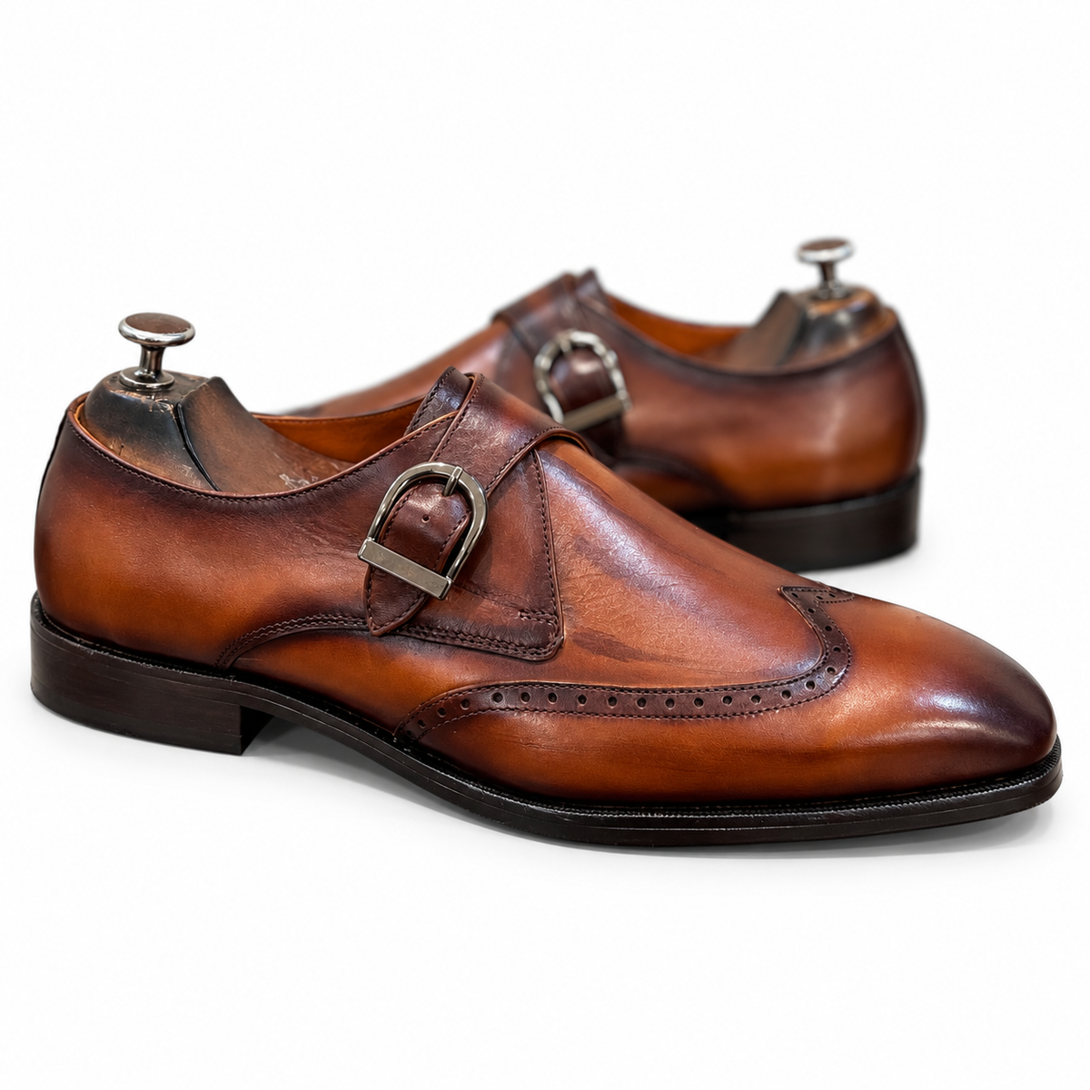 Cognac Artisan Hand-Patina Single Monk Brogue Shoes