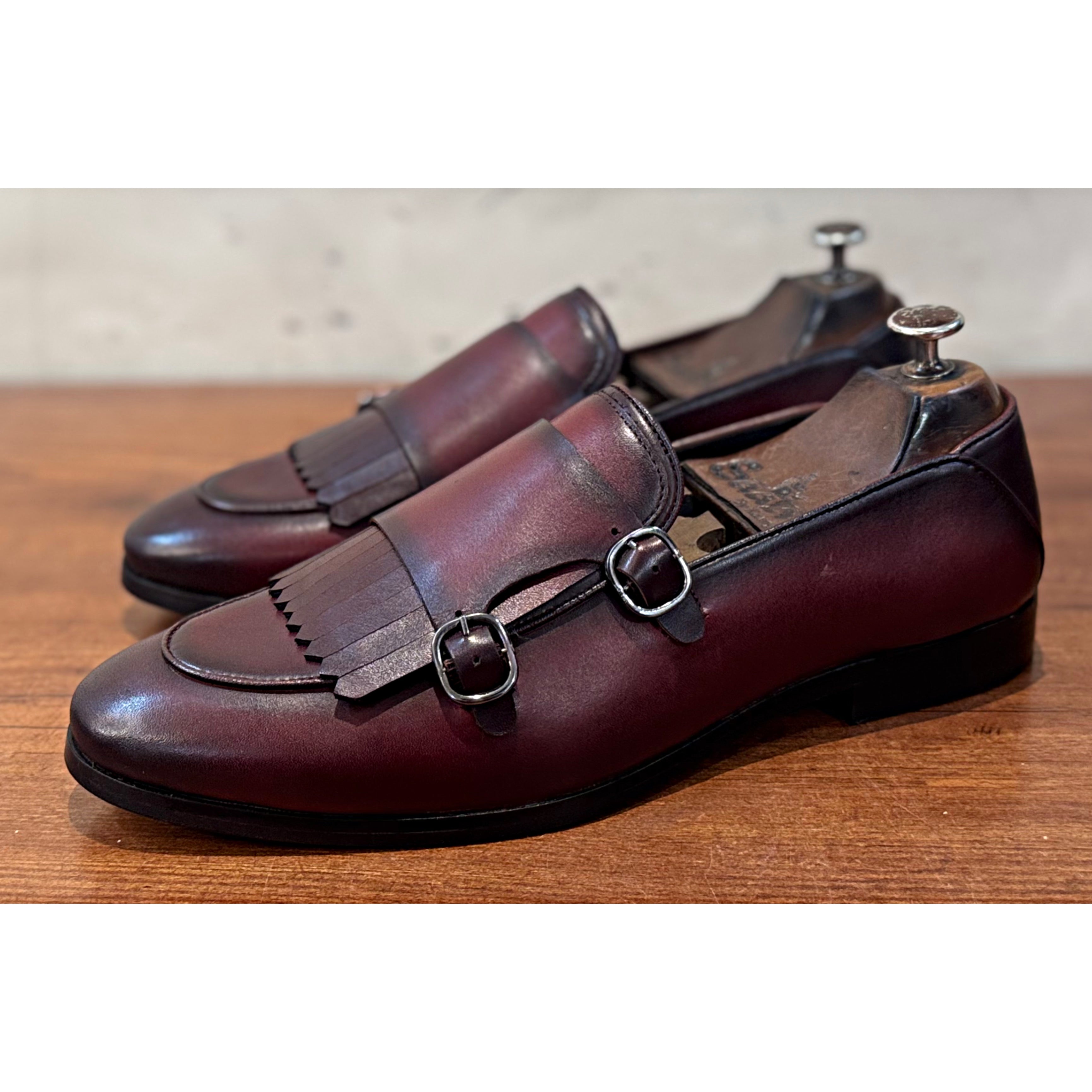 Brown Double Monk Strap Loafers With Fringes