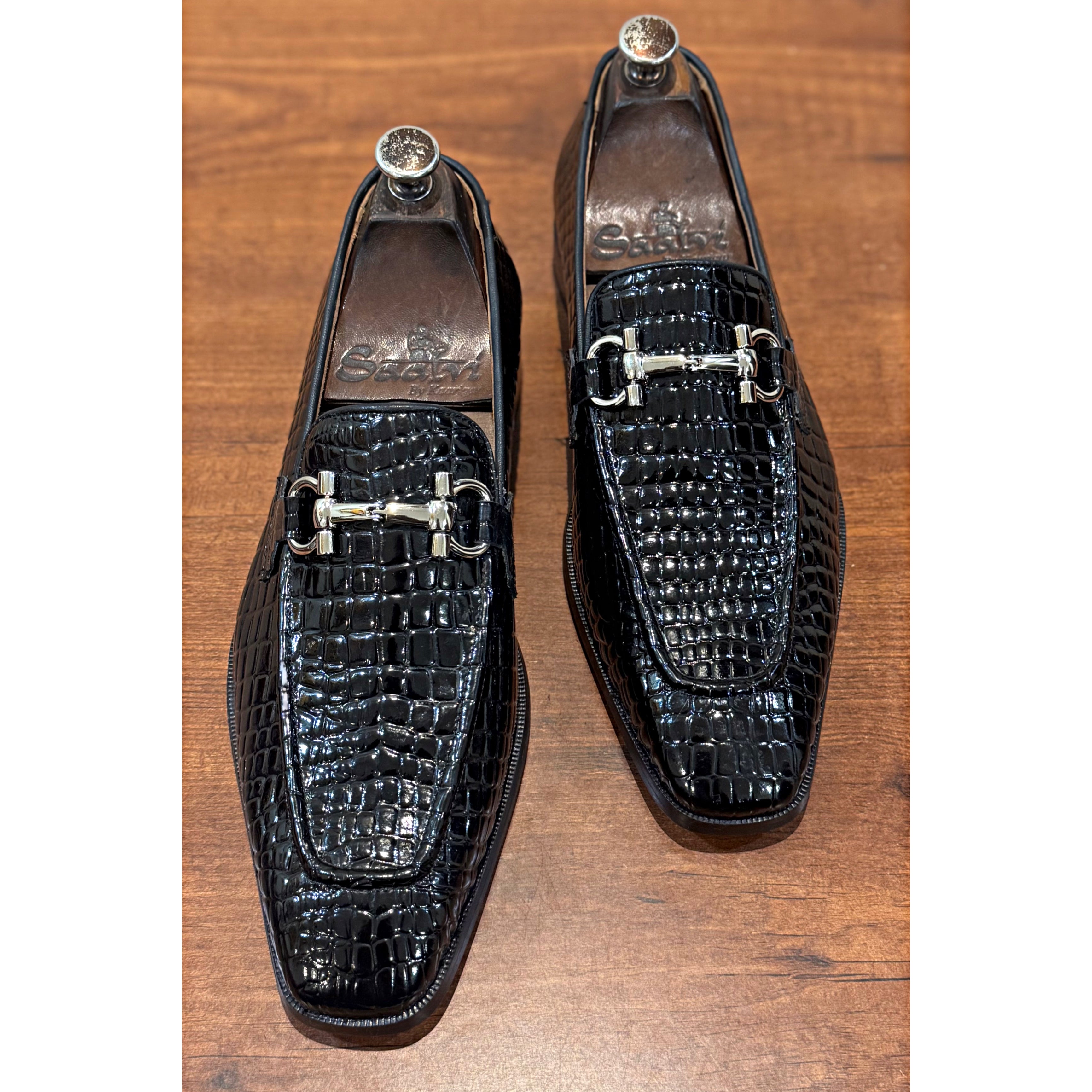 Black Croco Patent Silver Buckle