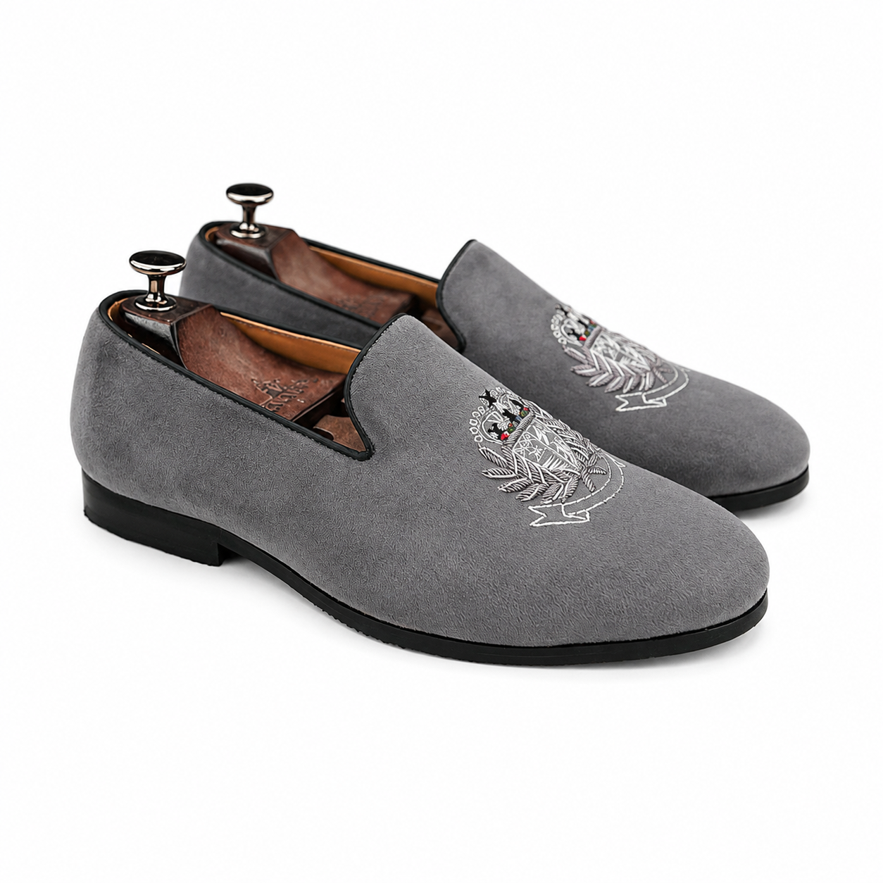 REGAL CREST GREY LEATHER EMBROIDERED LOAFERS