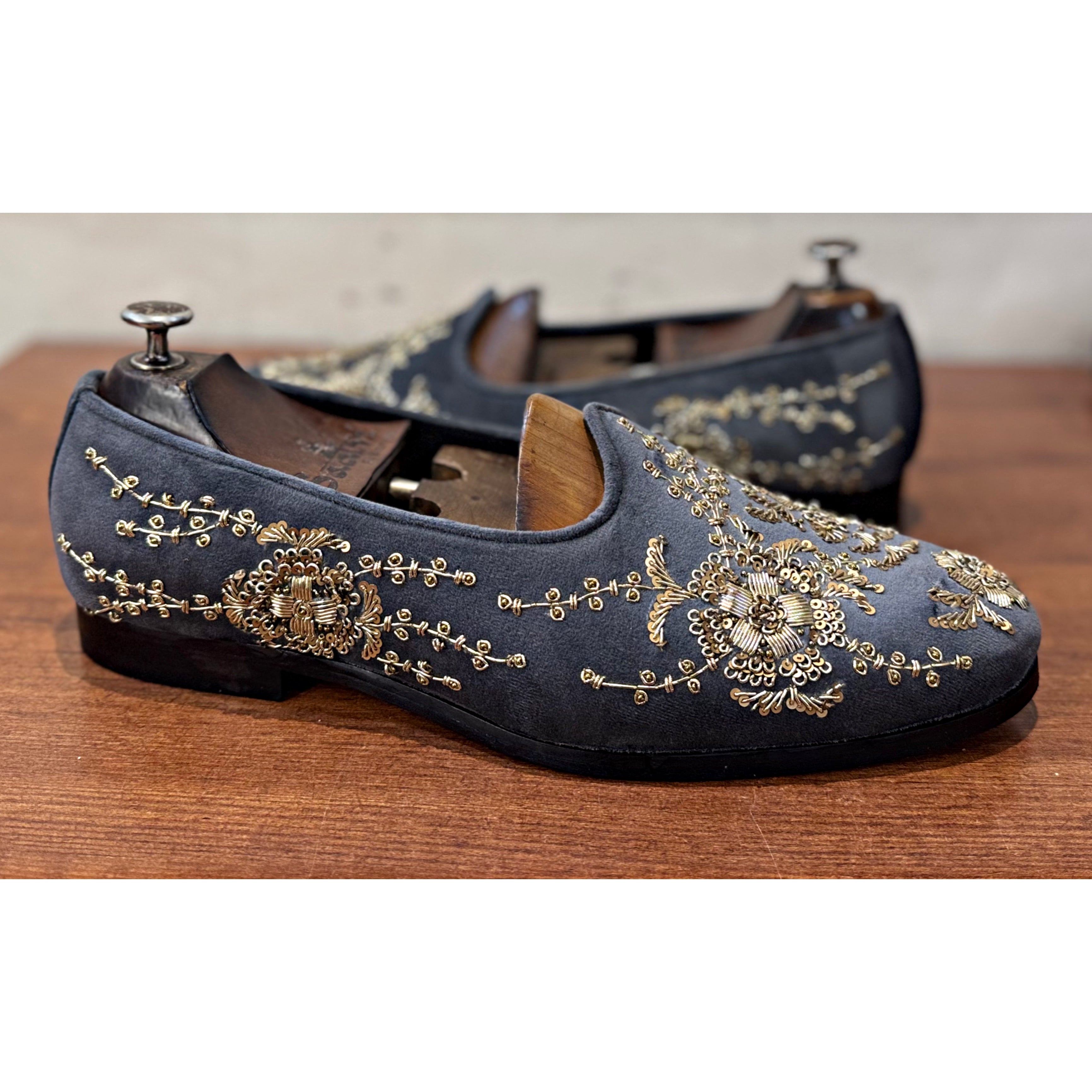 Grey Velvet Gold Zardosi Embroidery Jalsa