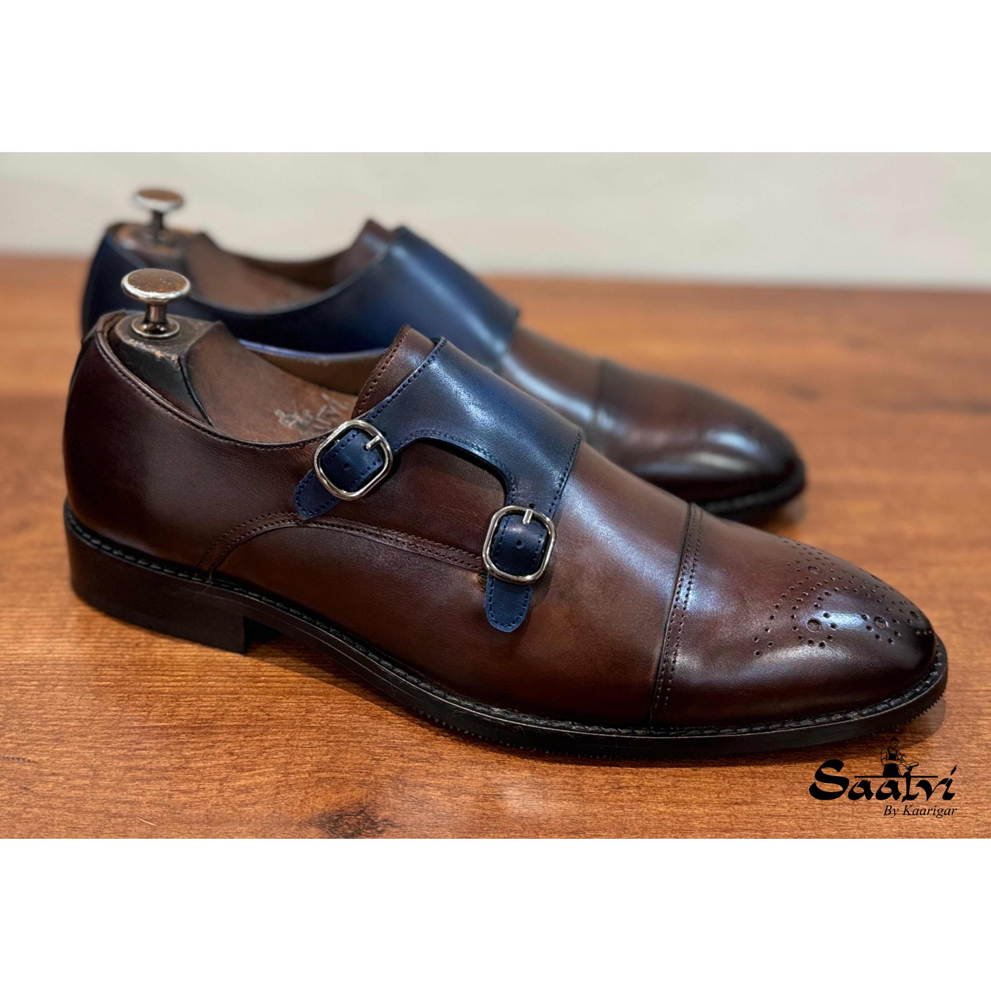 Brown Blue Double Monk Strap