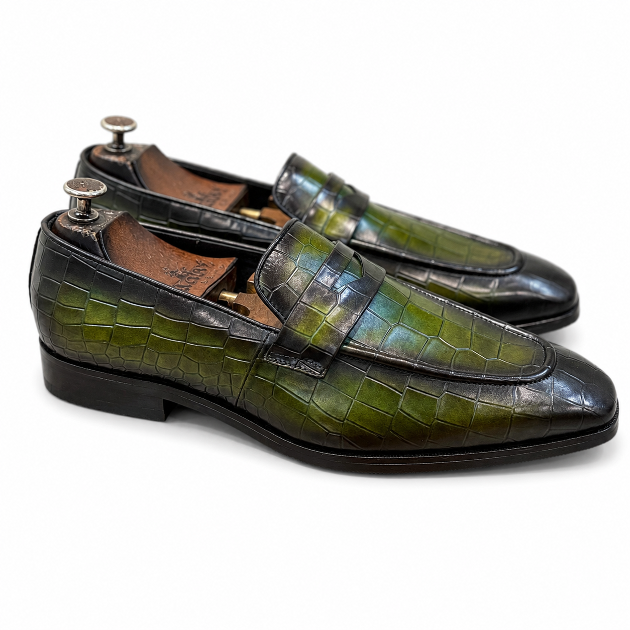 Green Hand Patina Penny Loafers