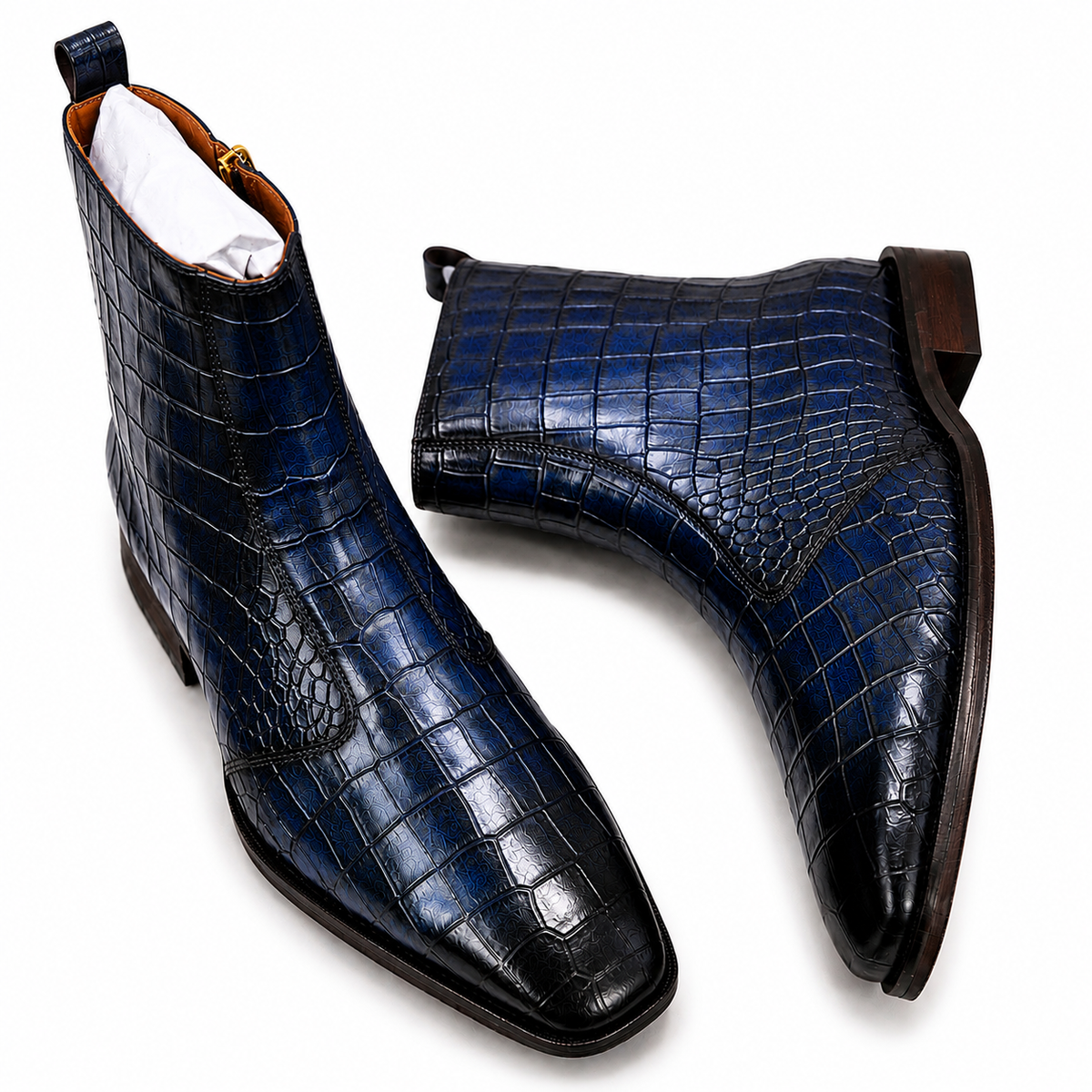 Midnight Blue Croco Embossed Leather Ankle Boots