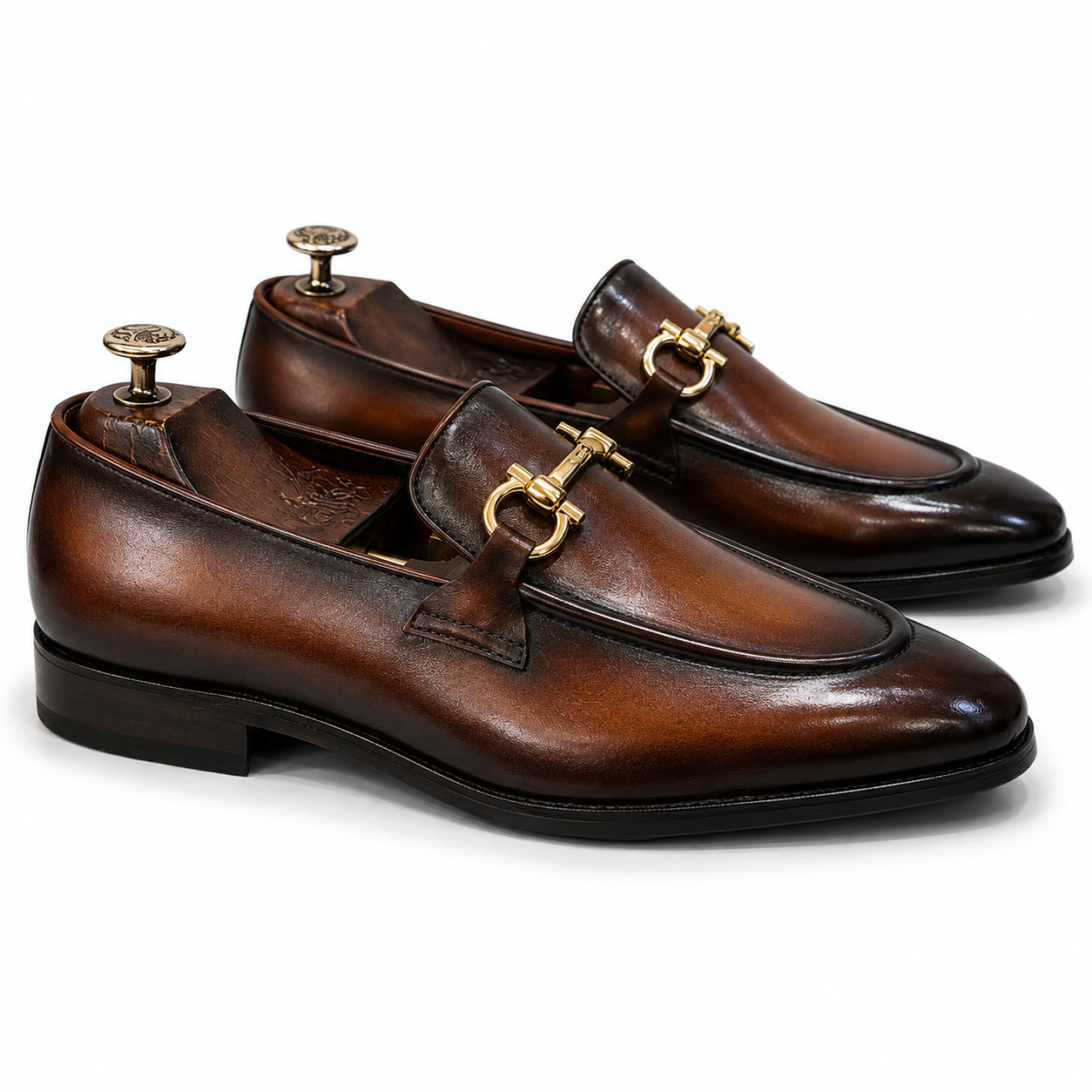 Cognac Gold Horsebit Leather Loafers